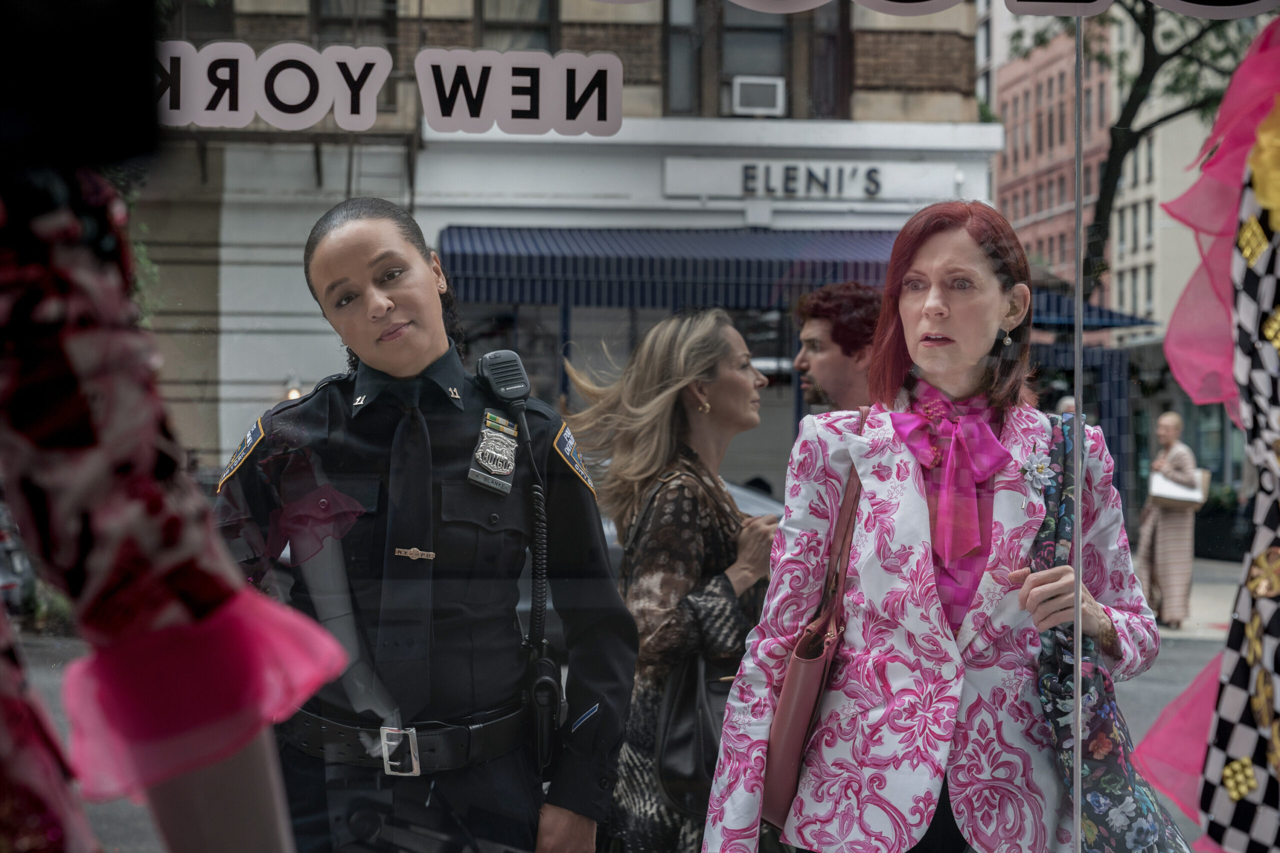 Still from Elsbeth Season 2 Episode 1 of Carra Patterson as Kaya Blanke and Carrie Preston as Elsbeth Tascioni pictured from left to right.