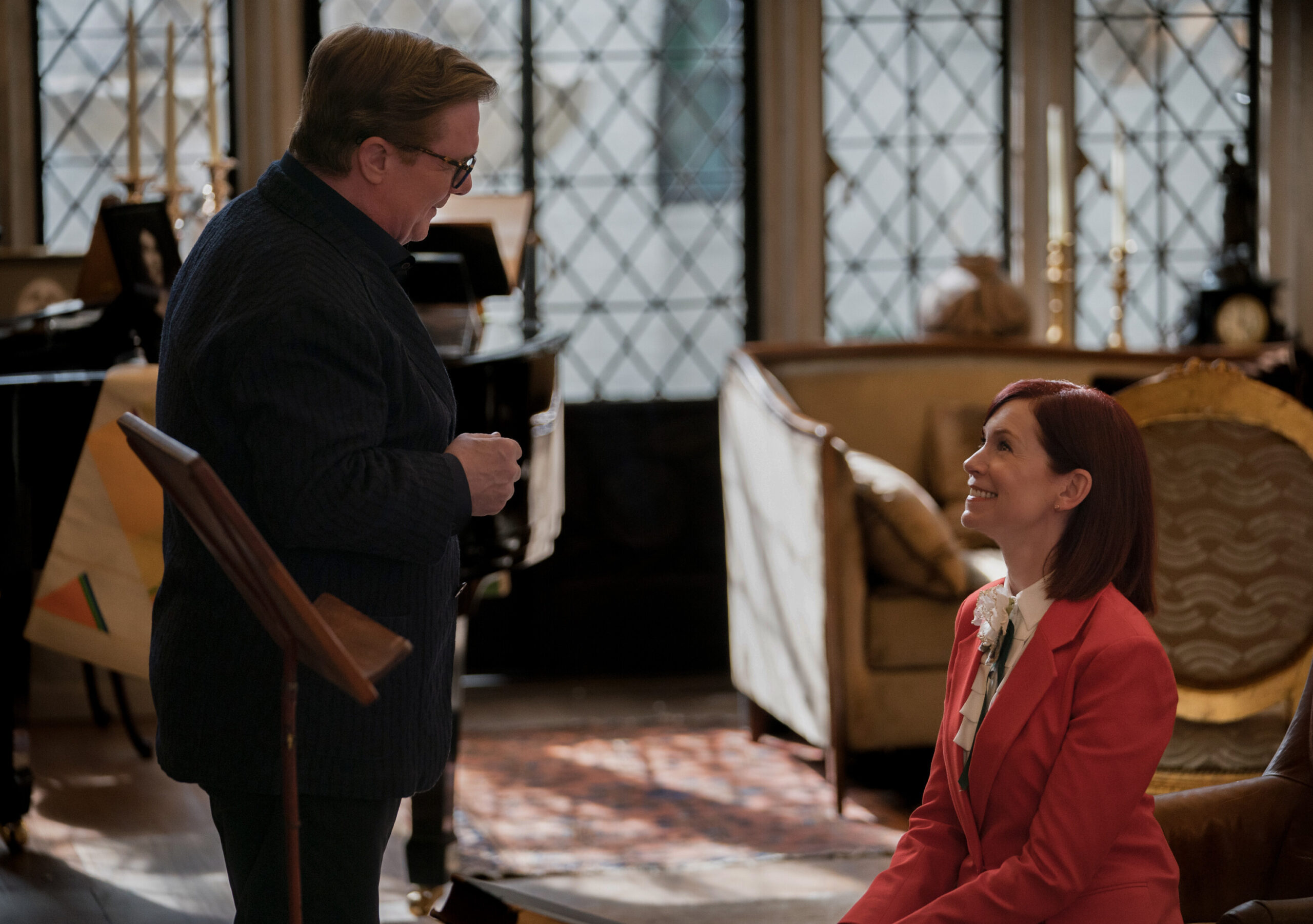 Still from Elsbeth Season 2 Episode 1 of Nathan Lane as Phillip Cross and Carrie Preston as Elsbeth Tascioni pictured from left to right.