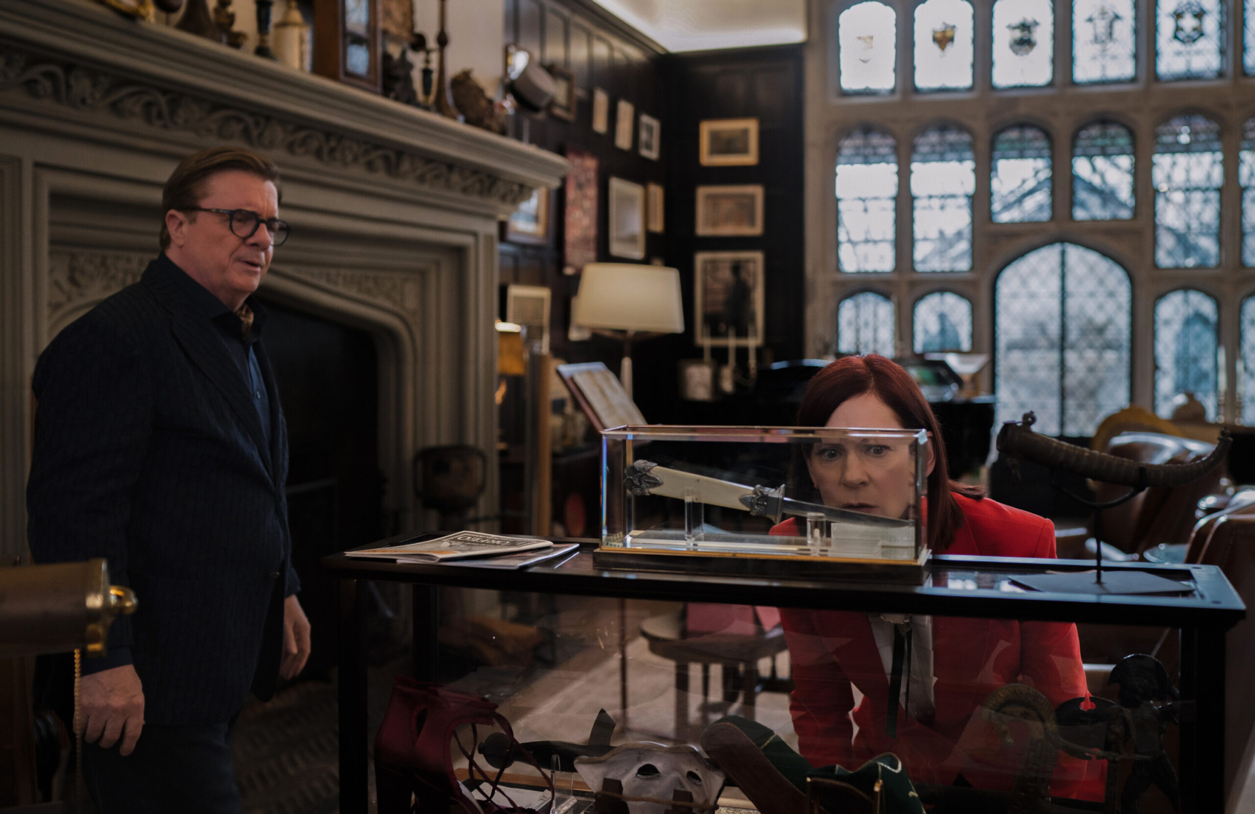 Still from Elsbeth Season 2 Episode 1 of Nathan Lane as Phillip Cross and Carrie Preston as Elsbeth Tascioni pictured from left to right.