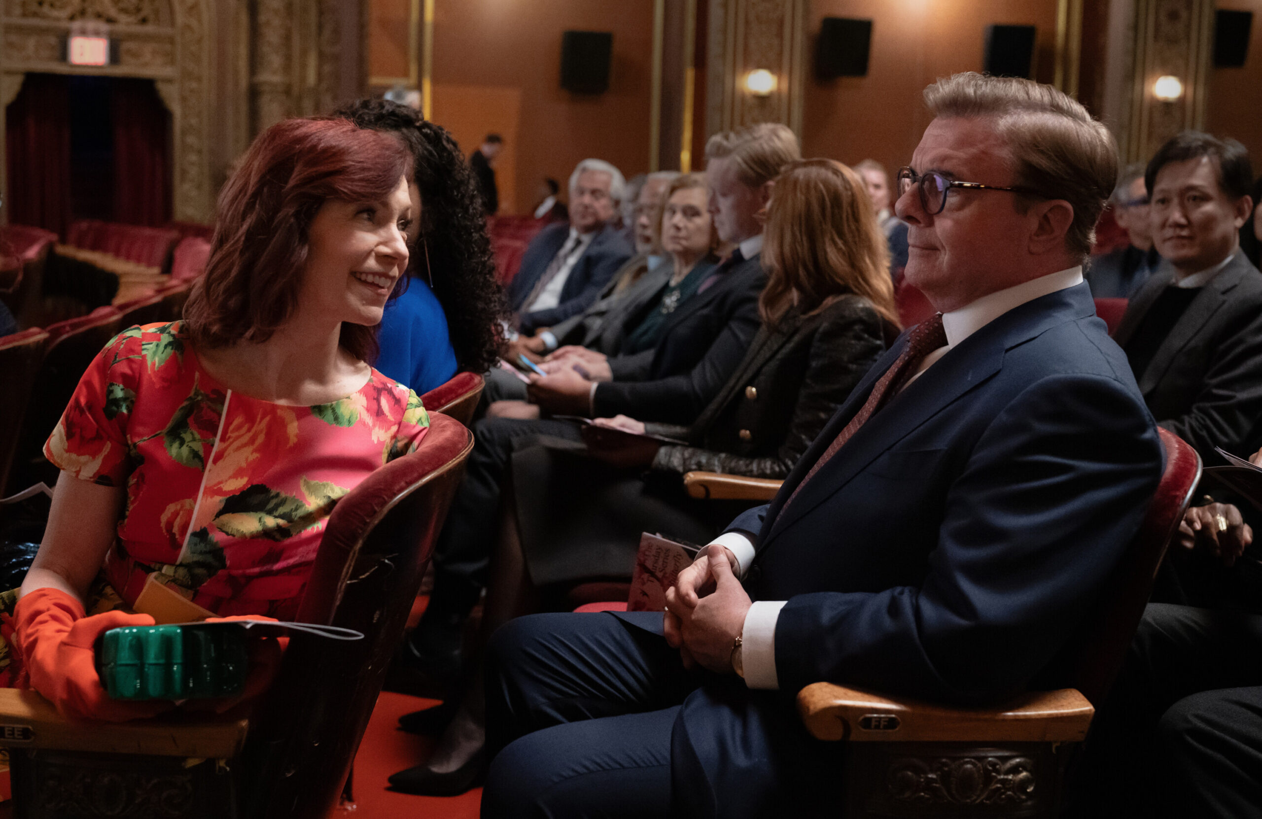 Still from Elsbeth Season 2 Episode 1 of Carrie Preston as Elsbeth Tascioni and Nathan Lane as Phillip Cross pictured from left to right.