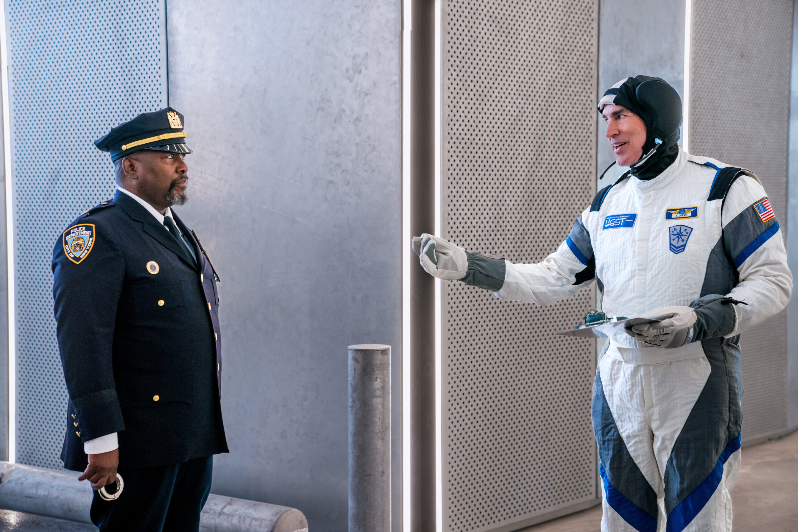 Still from Elsbeth SEason 2 Episode 2 of Wendell Pierce as Captain Wagner and Rob Riggle as Neal Dorsey pictured from left to right.