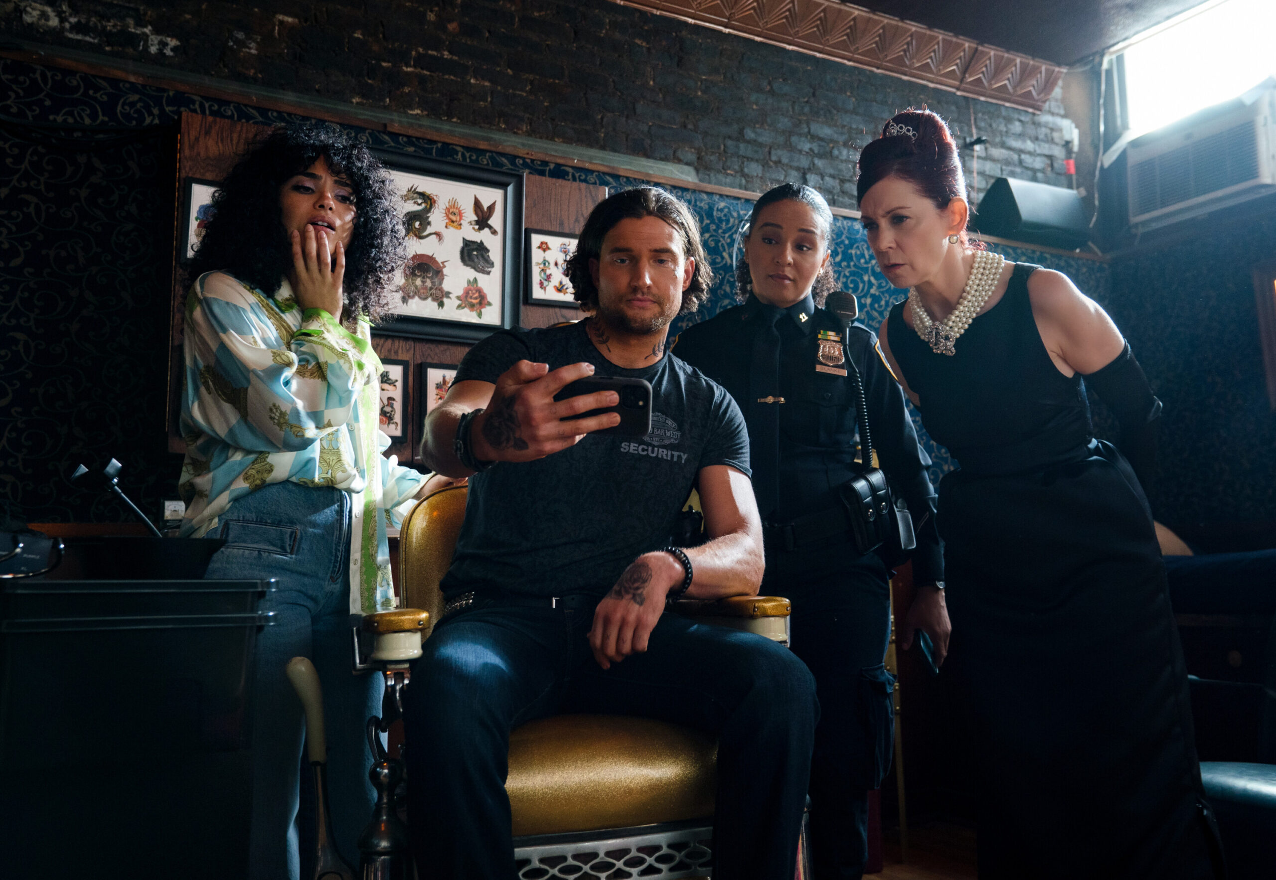Still from Elsbeth Season 2 Episode 3 of Brittany O’Grady as Mackenzie “Mac” Altman, Chase Garland as Tommy, Carra Patterson as Kaya Blanke , and Carrie Preston as Elsbeth Tascioni pictured from left to right.