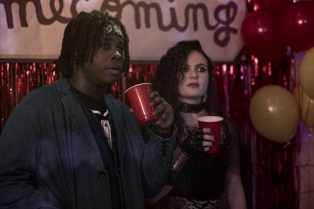 Still from Hysteria! Season 1 Episode 4 of Kezii Curtis as Spud and Chiara Aurelia as Jordy pictured from left to right.