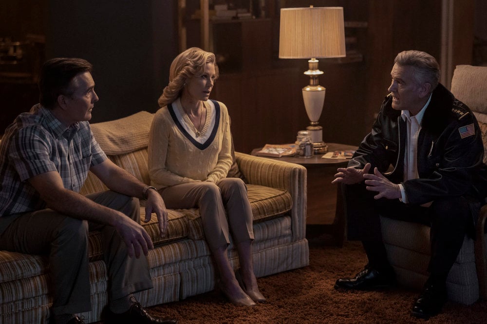 Still from Hysteria! Season 1 Episode 5 of Nolan North as Gene, Julie Bowen as Linda, Bruce Campbell as Chief pictured from left to right.