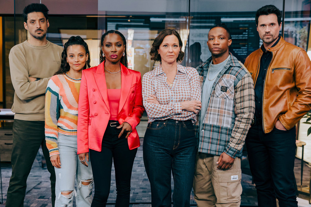 Still from Found Season 2 Episode 4 of Karan Oberoi as Dahn, Gabrielle Walsh as Lacey, Shanola Hampton as Gabi, Kelli Williams as Margaret, Arlen Escarpeta as Zeke, Brett Dalton as Detective Mark Trent pictured from left to right.