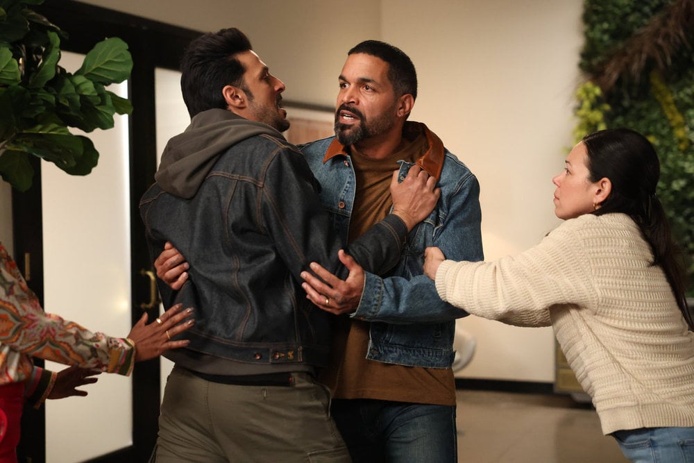 Still from Found Season 2 Episode 5 of Karan Oberoi as Dahn, Francisco Celestino as Mateo Diaz, and Gloria Garayua as Sofia Diaz pictured from left to right.