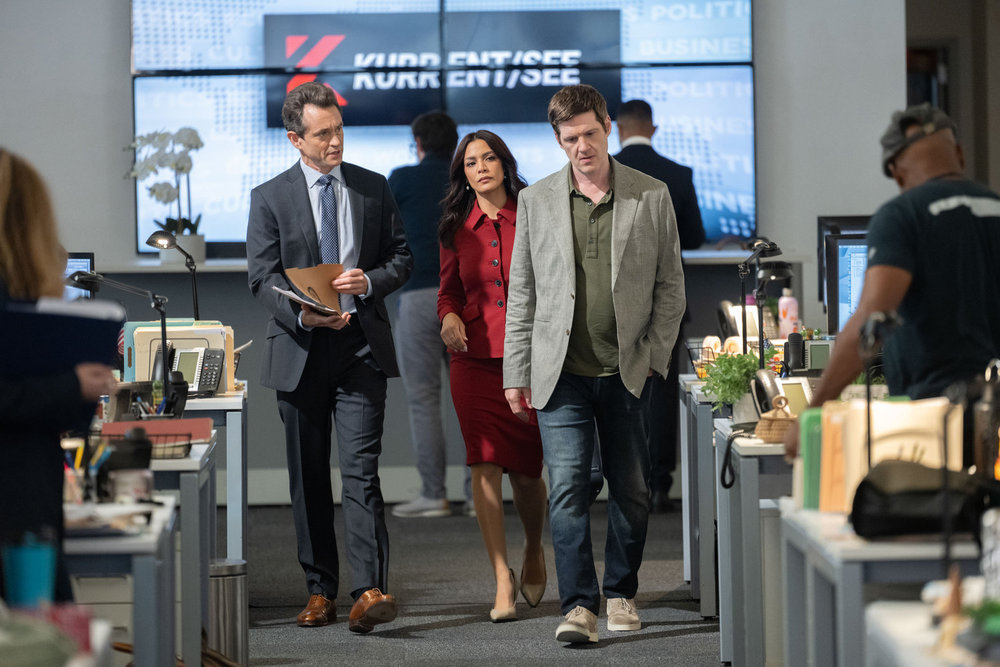 Law & Order - Season 24 | Tell-Tale TV LAW & ORDER -- "Catch and Kill" Episode 24001 -- Pictured: (l-r) Hugh Dancy as ADA Nolan Price, Odelya Halevi as ADA Samantha Maroun, and Michael Esper as Kenneth Lane