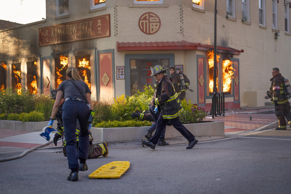 CHICAGO FIRE -- "All Kinds Of Crazy" Episode 13003 -- Pictured: Dermot Mulroney as Chief Dom Pascal, Taylor Kinney as Kelly Severide
