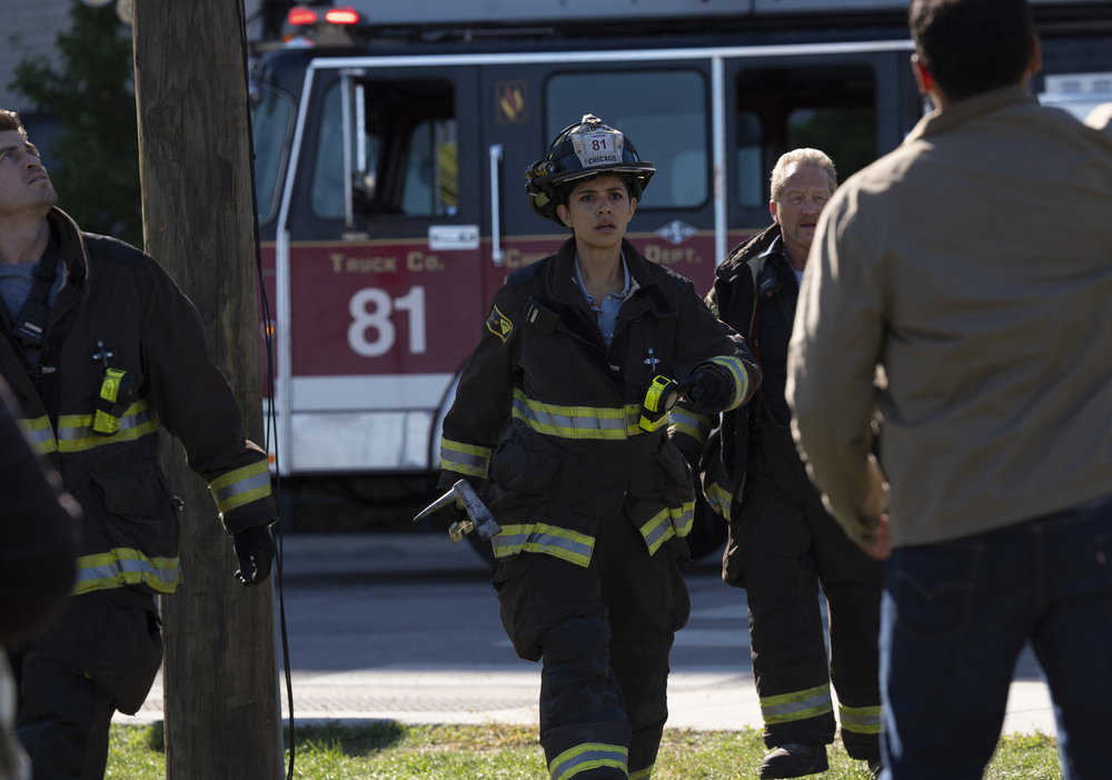 CHICAGO FIRE -- "Through The Skin" Episode 13004 -- Pictured: (l-r) Jake Lockett as Sam Carver, Miranda Rae Mayo as Stella Kidd, Christian Stolte as Randy Mouch McHolland