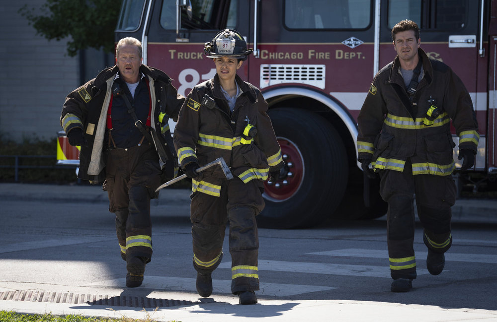CHICAGO FIRE -- "Through The Skin" Episode 13004 -- Pictured: (l-r) Christian Stolte as Randy Mouch McHolland, Miranda Rae Mayo as Stella Kidd, Jake Lockett as Sam Carver