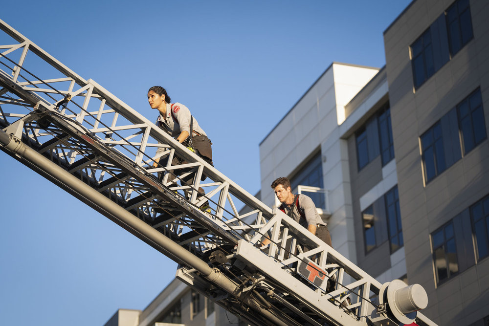 CHICAGO FIRE -- "Through The Skin" Episode 13004 -- Pictured: (l-r) Miranda Rae Mayo as Stella Kidd, Jake Lockett as Sam Carver