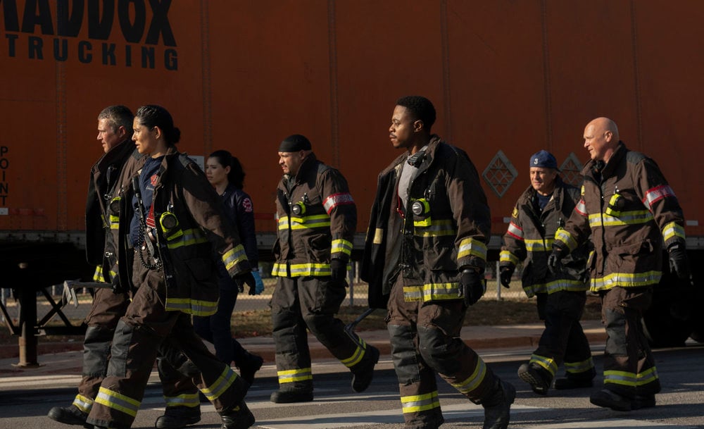 CHICAGO FIRE -- "Down The Rabbit Hole" Episode 13005 -- Pictured: (l-r) Taylor Kinney as Kelly Severide, Miranda Rae Mayo as Stella Kidd, Hanako Greensmith as Violet Mikami, Joe Miñoso as Joe Cruz, Daniel Kyri as Darren Ritter, Anthony Ferraris as Tony Ferraris, Randy Flagler as Harold Capp