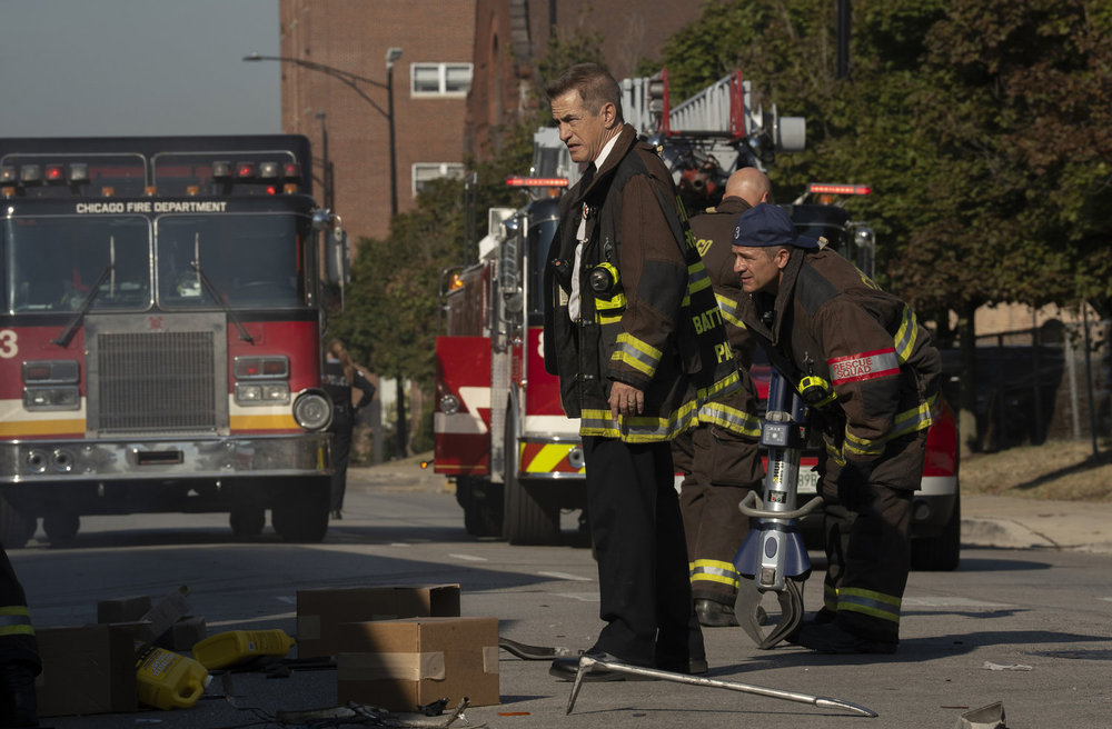 CHICAGO FIRE -- "Down The Rabbit Hole" Episode 13005 -- Pictured: (l-r) Dermot Mulroney as Chief Dom Pascal, Anthony Ferraris as Tony Ferraris