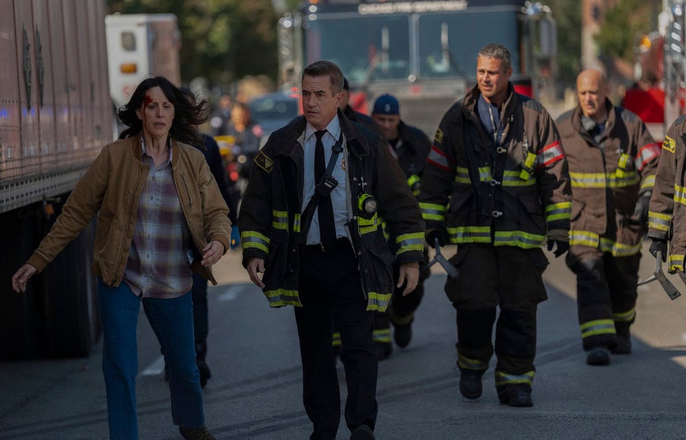 CHICAGO FIRE -- "Down The Rabbit Hole" Episode 13005 -- Pictured: (l-r) Dermot Mulroney as Chief Dom Pascal, Taylor Kinney as Kelly Severide