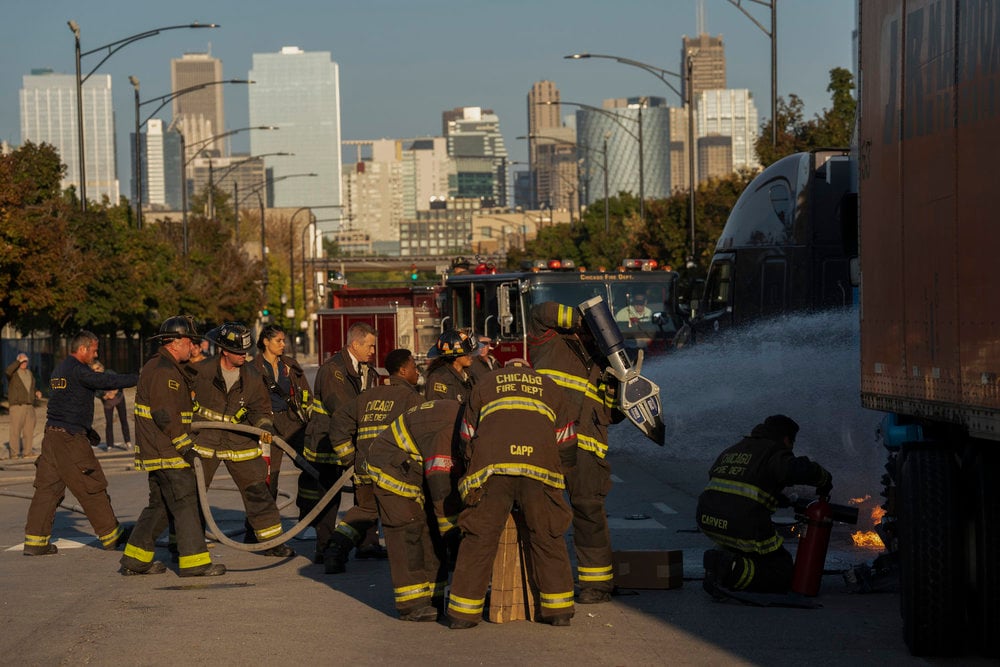 CHICAGO FIRE -- "Down The Rabbit Hole" Episode 13005 -- Pictured: (l-r) Miranda Rae Mayo as Stella Kidd, Dermot Mulroney as Chief Dom Pascal