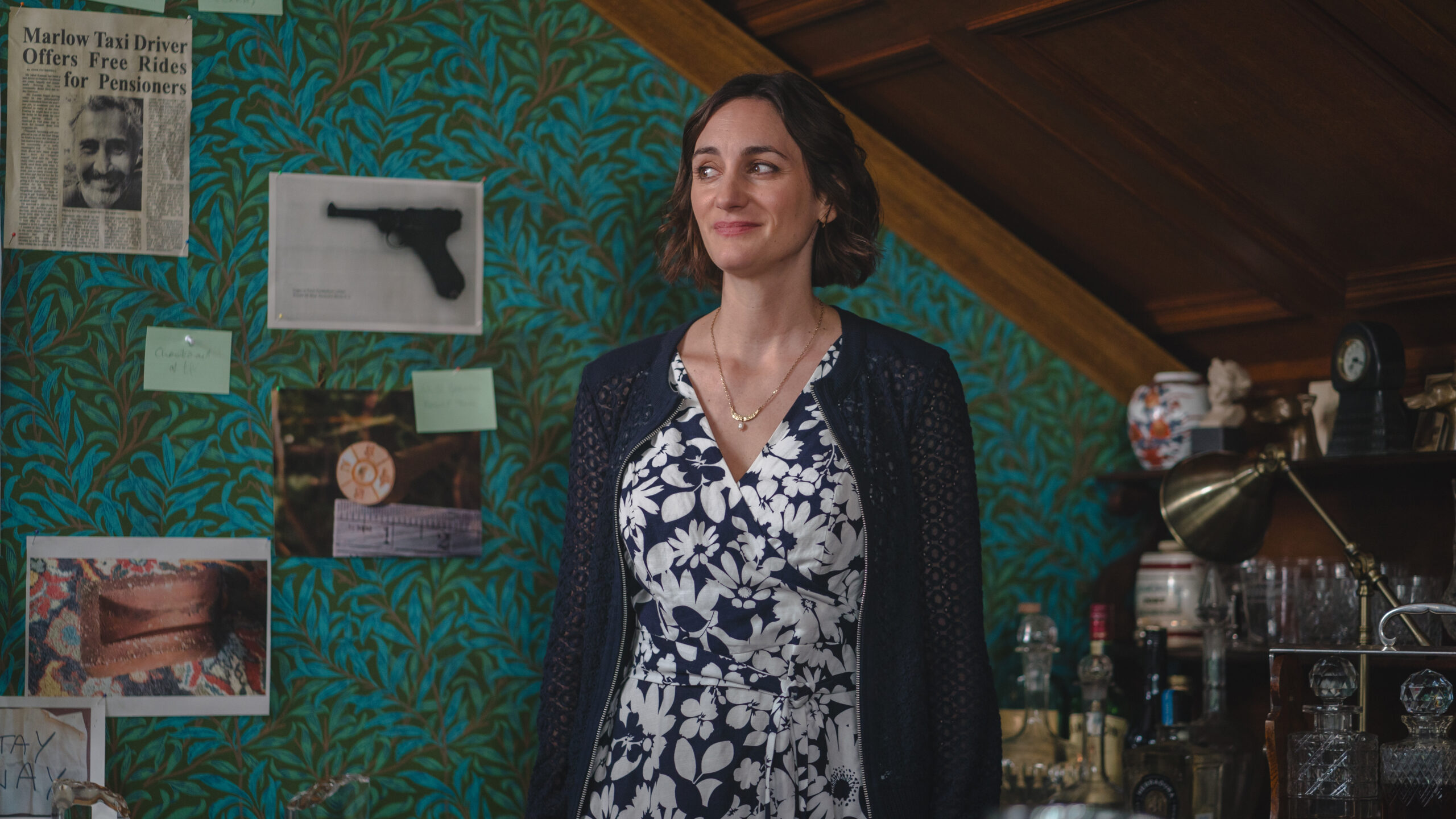 THE MARLOW MURDER CLUB ON MASTERPIECE Season 1 Episode 2 - Becks Starling | Tell-Tale TV Still from Marlow Murder Club on Masterpiece Season 1 Episode 2 of Cara Horgan as Becks Starling.