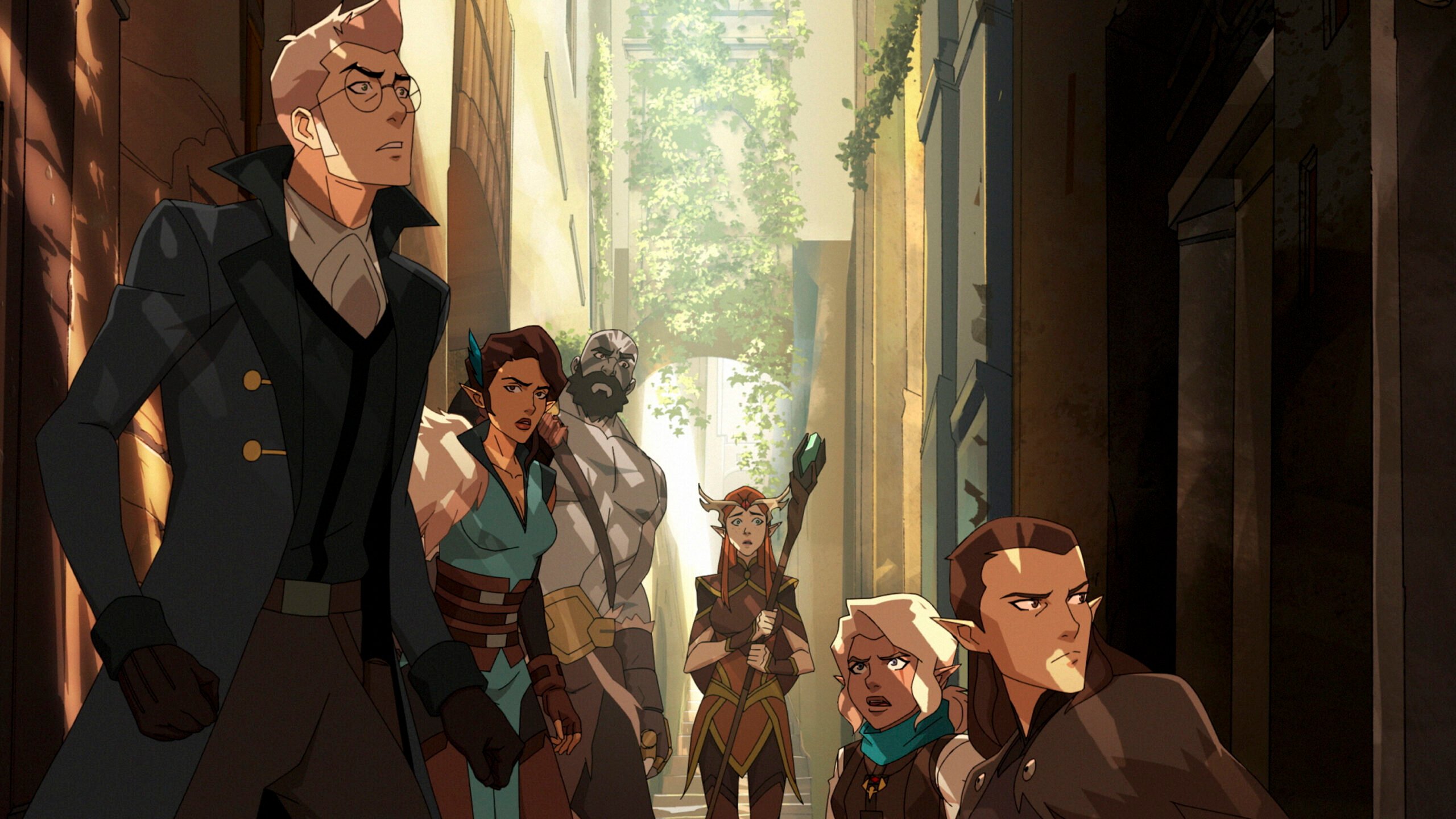 The Legend of Vox Machina - Season 3 - Percy, Vex, Grog, Keyleth, Pike, Vax | Tell-Tale TV Still from The Legend of Vox Machina Season 3 of Percy, Percy, Vex, Grog, Keyelth, Pike, Vax'ildan pictured from left to right.