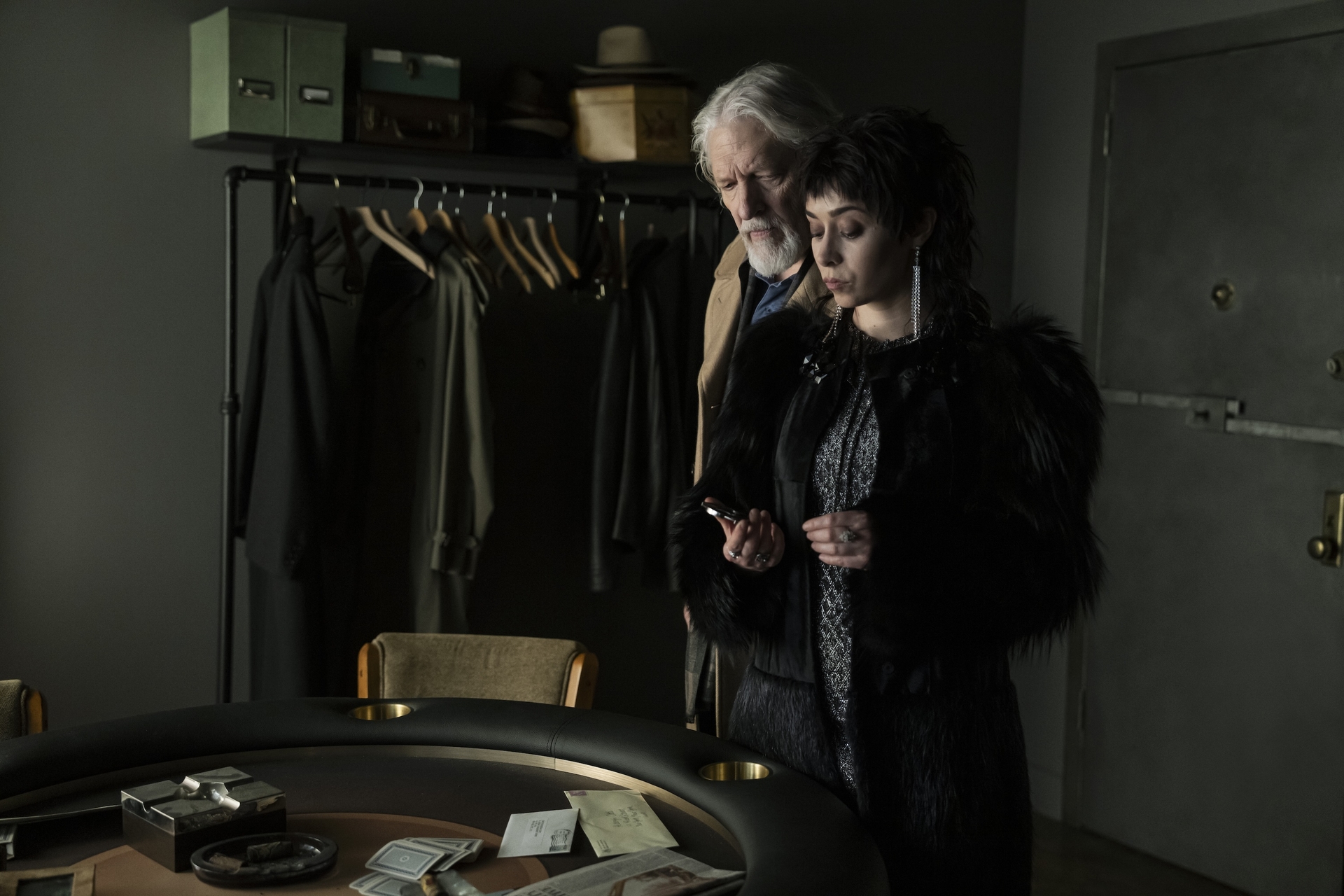 The Penguin Season 1 Episode 6 - Clancy Brown and Cristin Milioti | Tell-Tale TV Still from The Penguin Season 1 Episode 6 of Clancy Brown and Cristin Milioti pictured from left to right.