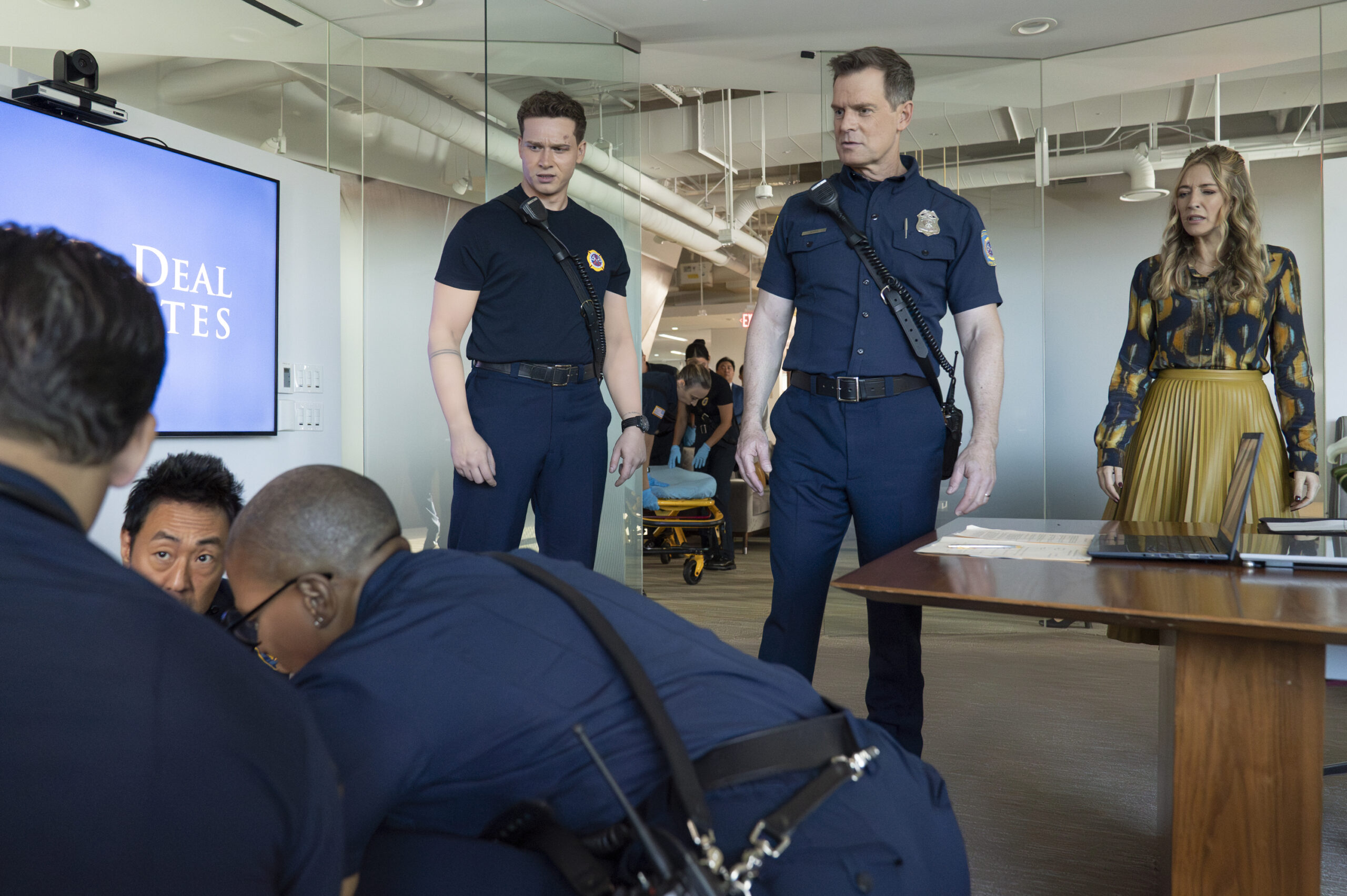 9-1-1 Season 8 Episode 6, "Confessions" -- KENNETH CHOI, OLIVER STARK, PETER KRAUSE, JENNIFER FINNIGAN | Tell-Tale TV 9-1-1 Season 8 Episode 6, "Confessions" -- KENNETH CHOI, OLIVER STARK, PETER KRAUSE, JENNIFER FINNIGAN