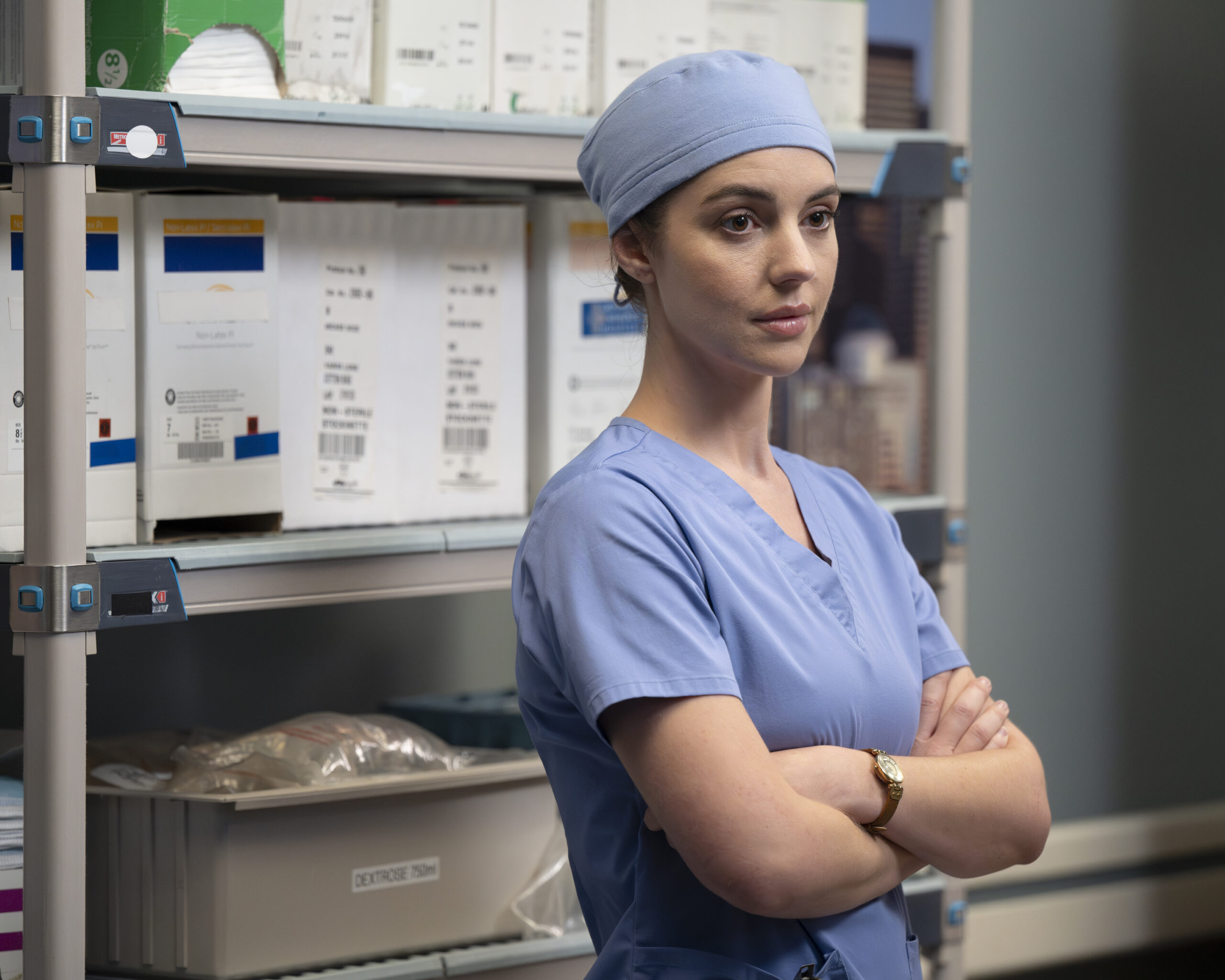 ADELAIDE KANE as Jules Millin, in scrubs. Grey's Anatomy Season 21 Episode 6, "Night Moves."