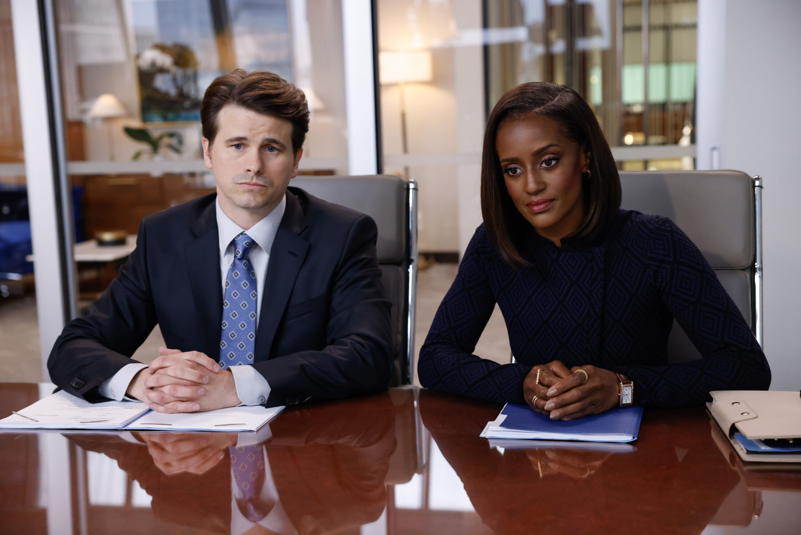 Matlock Season 1 Episode 6 - Jason Ritter and Skye P. Marshall | Tell-Tale TV Still from Matlock Season 1 Episode 6 of Jason Ritter as Julian Markston and Skye P. Marshall as Olympia Lawrence pictured from left to right.