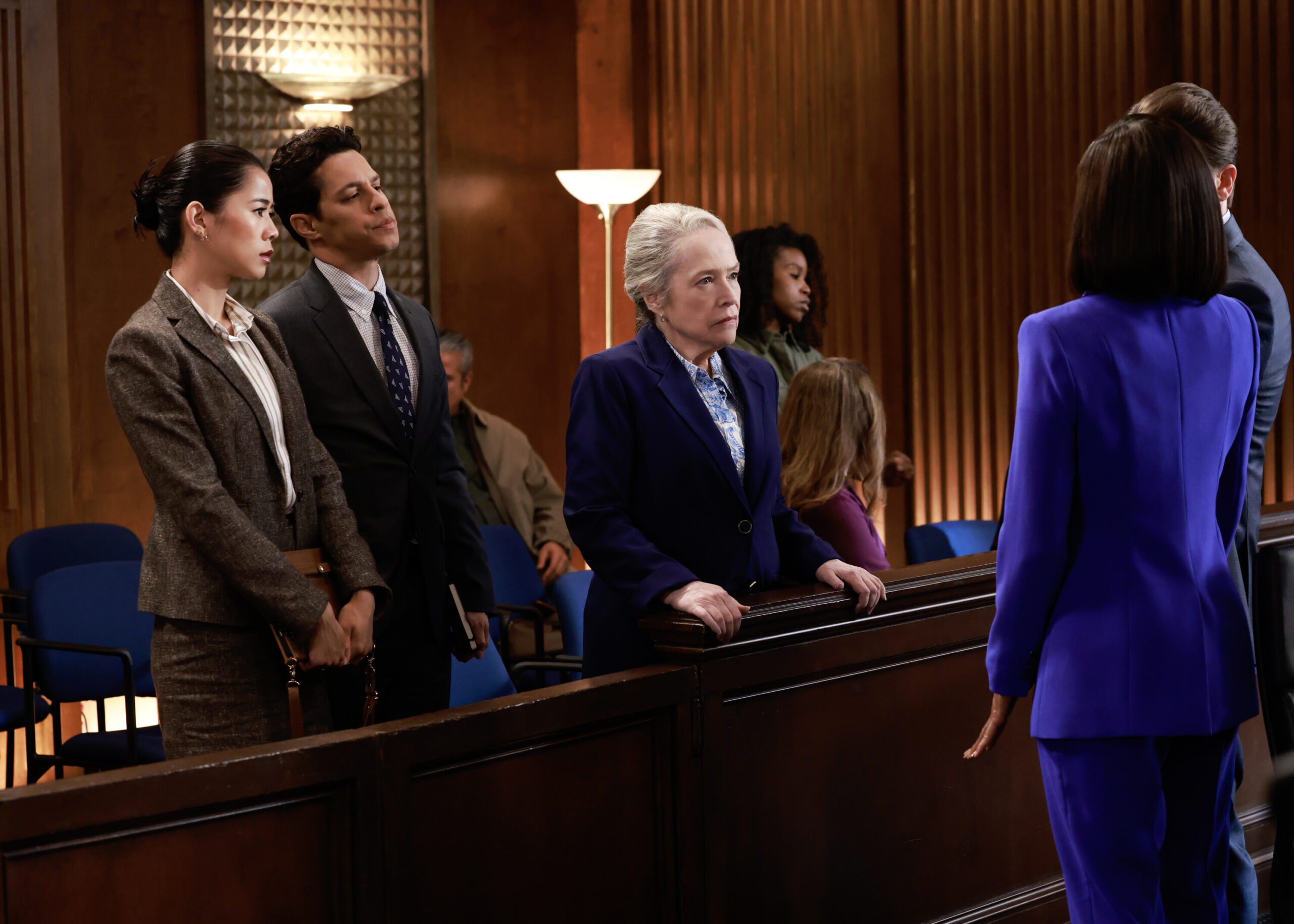 Matlock Season 1 Episode 6 - Leah Lewis, David Del Rio and Kathy Bates | Tell-Tale TV Still from Matlock Season 1 Episode 6 of Leah Lewis as Sarah Franklin” David Del Rio as Billy Martinez, and Kathy Bates as Madeline Matlock pictured from left to right.