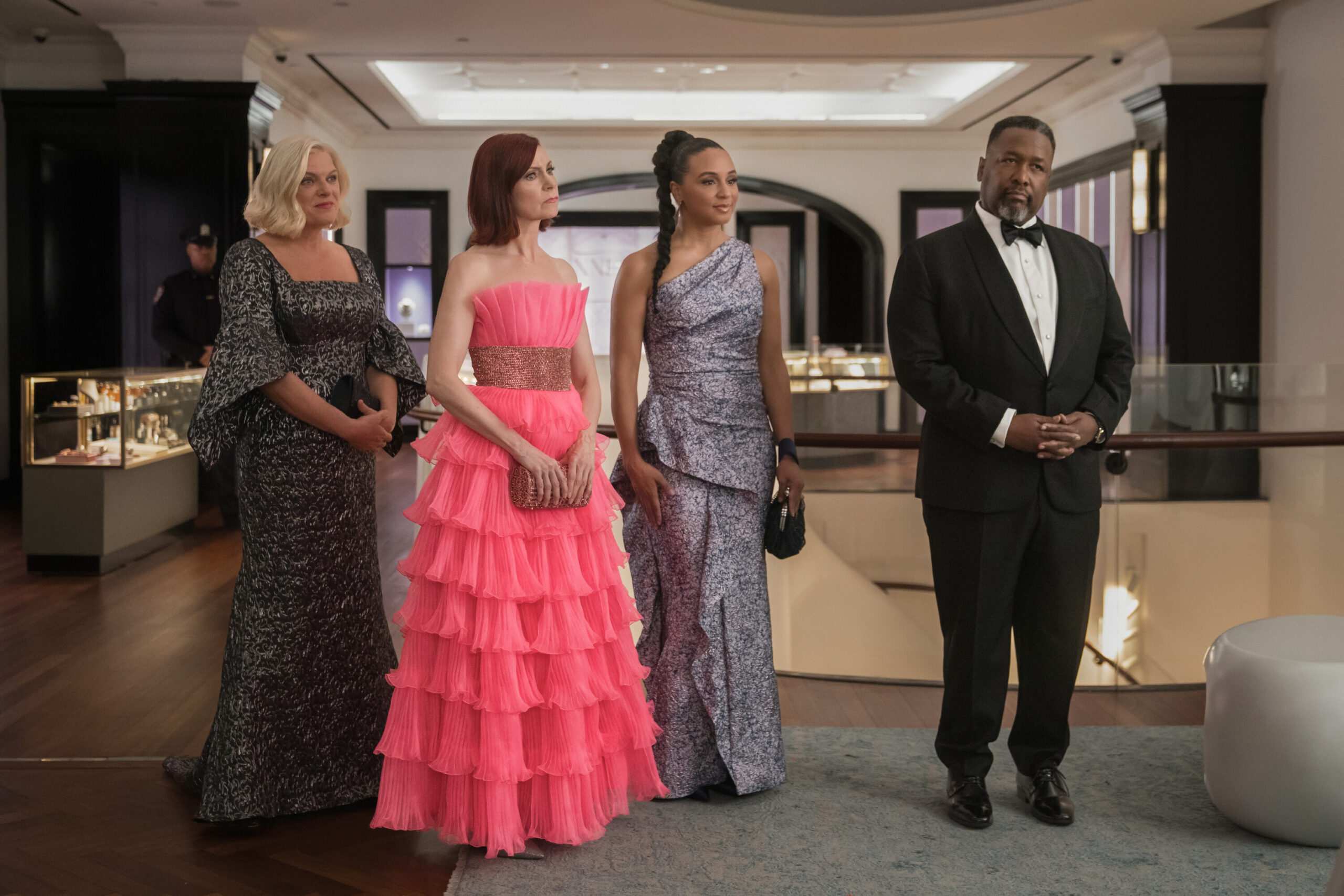 Still from Elsbeth Season 2 Episode 4 of Molly Price as Det. Jackie Donnelly, Carrie Preston as Elsbeth Tascioni, Carra Patterson as Kaya Blanke, and Wendell Pierce as Captain Wagner pictured from left to right.
