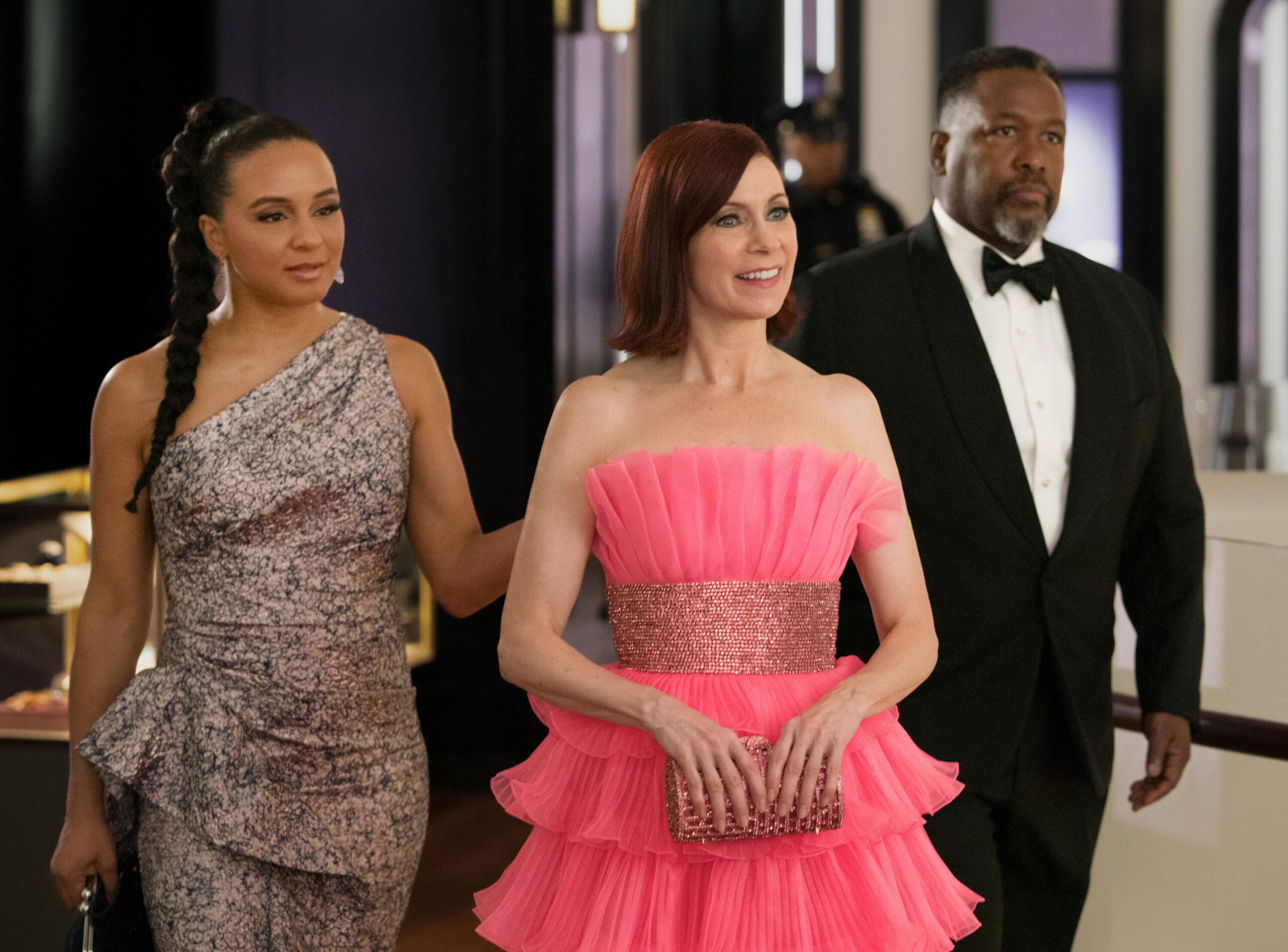 Still from Elsbeth Season 2 Episode 4 of Carra Patterson as Kaya Blanke, Carrie Preston as Elsbeth Tascioni, and Wendell Pierce as Captain Wagner pictured from left to right.