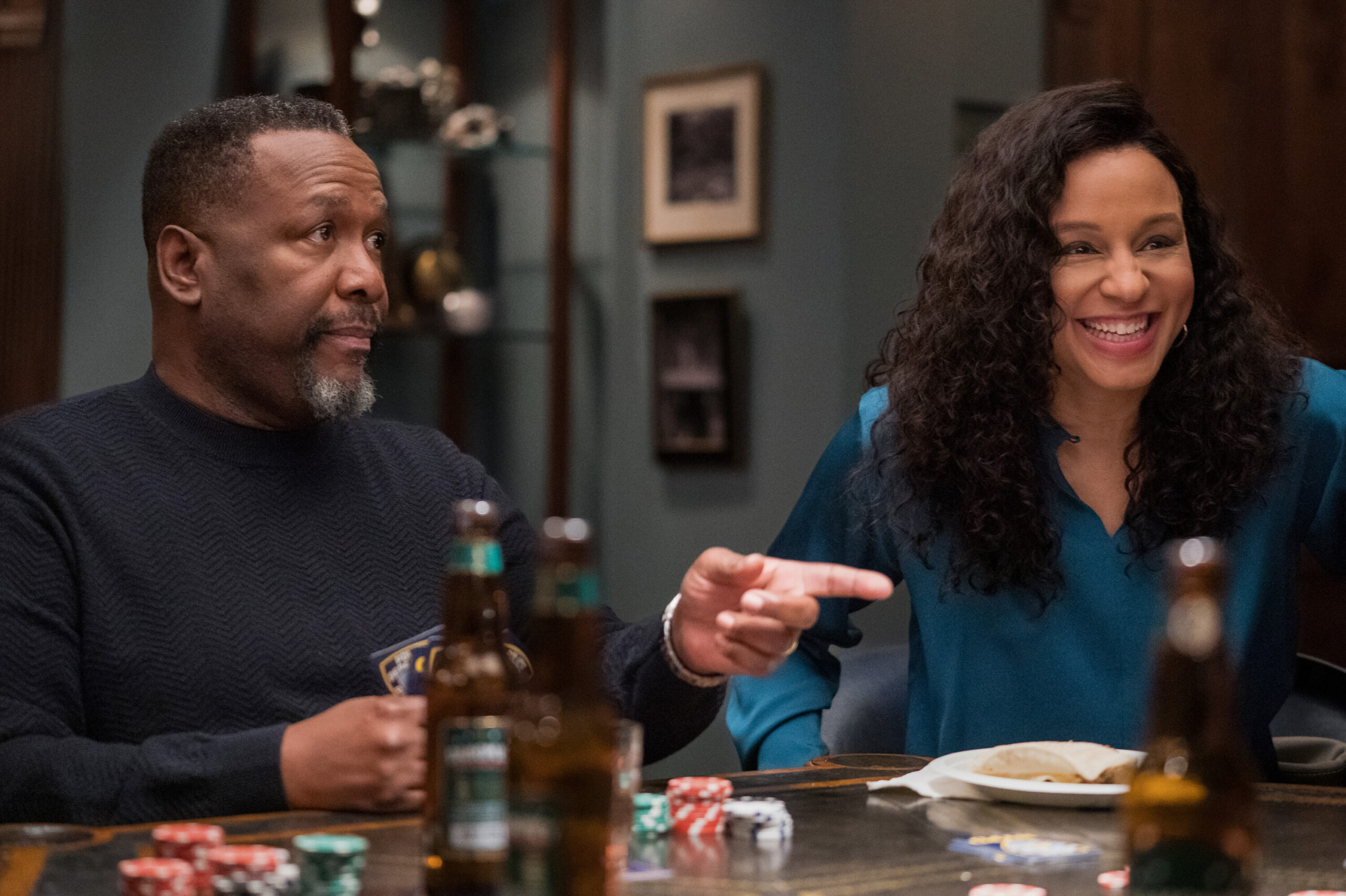 Still from Elsbeth Season 2 Episode 5 of Wendell Pierce as Captain Wagner and Carra Patterson as Kaya Blanke pictured from left to right.
