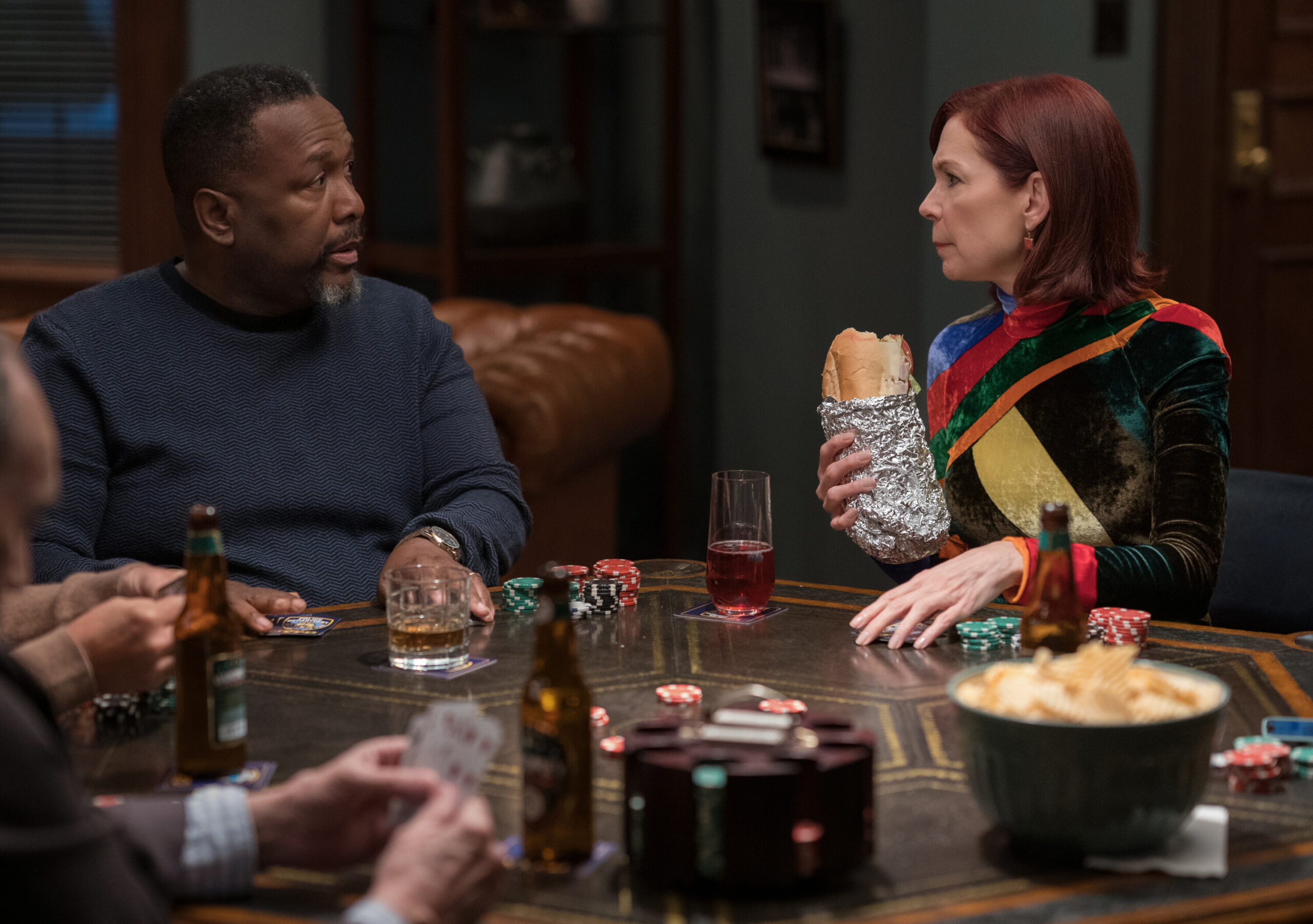 Still from Elsbeth Season 2 Episode 5 of Wendell Pierce as Captain Wagner and Carrie Preston as Elsbeth Tascioni pictured from left to right.