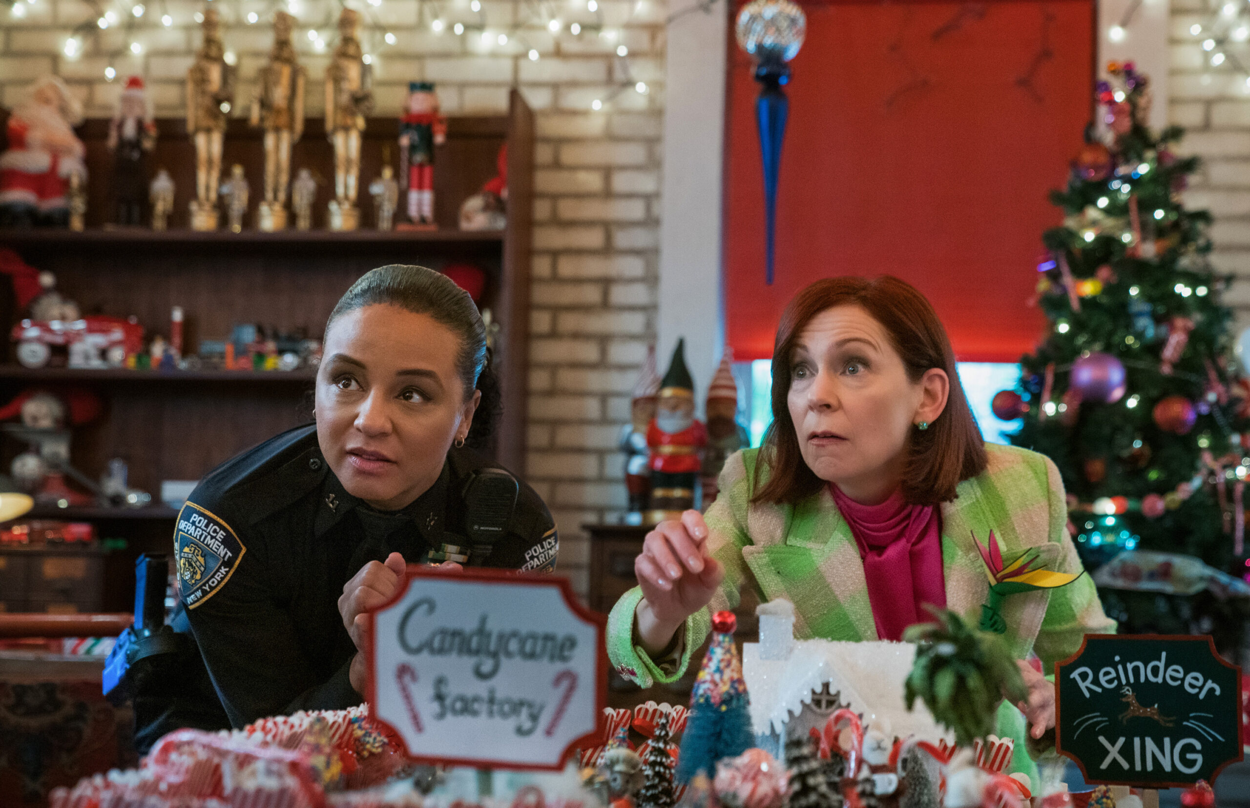 Still from Elsbeth Season 2 Episode 1 of Carra Patterson as Kaya Blanke and Carrie Preston as Elsbeth Tascioni pictured from left to right.