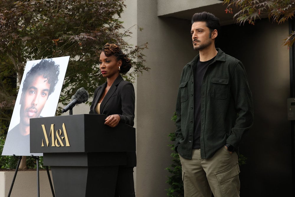 Still from Found Season 2 Episode 7 of Shanola Hampton as Gabi and Karan Oberoi as Dahn pictured from left to right.