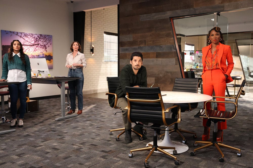 Still from Found Season 2 Episode 7 of Gabrielle Walsh as Lacey, Kelli Williams as Margaret, Karan Oberoi as Dahn, and Shanola Hampton as Gabi pictured from left to right.