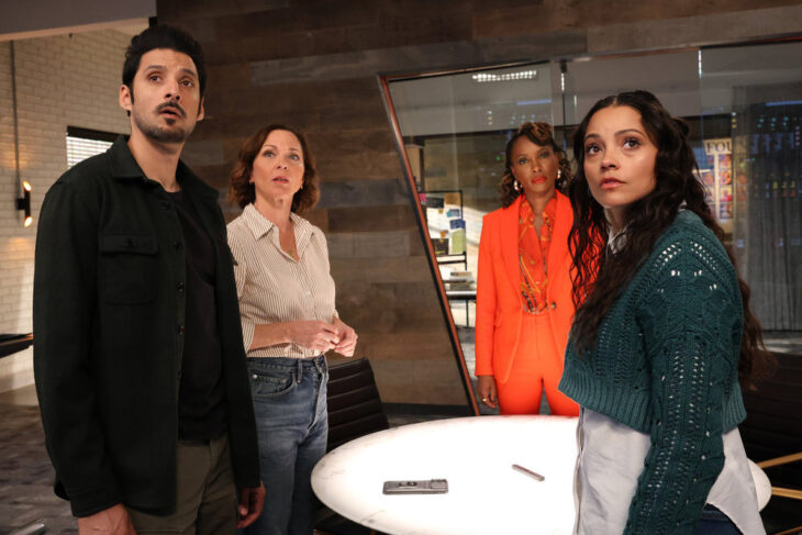 Still from Found Season 2 Episode 7 of Karan Oberoi as Dahn, Kelli Williams as Margaret, Shanola Hampton as Gabi, and Gabrielle Walsh as Lacey pictured from left to right.