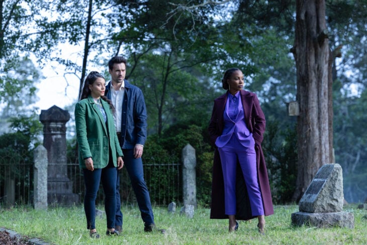 Still from Found Season 2 Episode 8 of Gabrielle Walsh as Lacey, Brett Dalton as Detective Mark Trent, and Shanola Hampton as Gabi pictured from left to right.