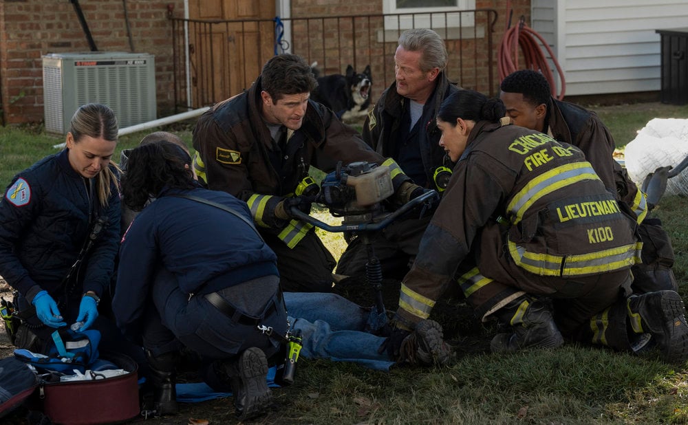 CHICAGO FIRE -- "Quicksand" Episode 13008 -- Pictured: (l-r) Jocelyn Hudon as Lyla Novak, Jake Lockett as Sam Carver, Christian Stolte as Randy "Mouch" McHolland, Miranda Rae Mayo as Stella Kidd, Daniel Kyri as Darren Ritter