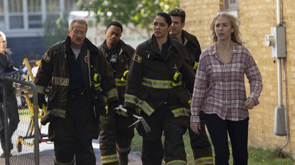 CHICAGO FIRE -- "Quicksand" Episode 13008 -- Pictured: (l-r) Christian Stolte as Randy "Mouch" McHolland, Daniel Kyri as Darren Ritter, Miranda Rae Mayo as Stella Kidd, Jake Lockett as Sam Carver