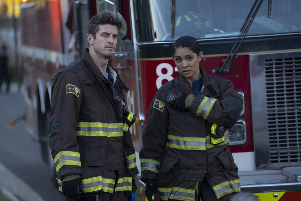 CHICAGO FIRE -- "Quicksand" Episode 13008 -- Pictured: (l-r) Jake Lockett as Sam Carver, Miranda Rae Mayo as Stella Kidd