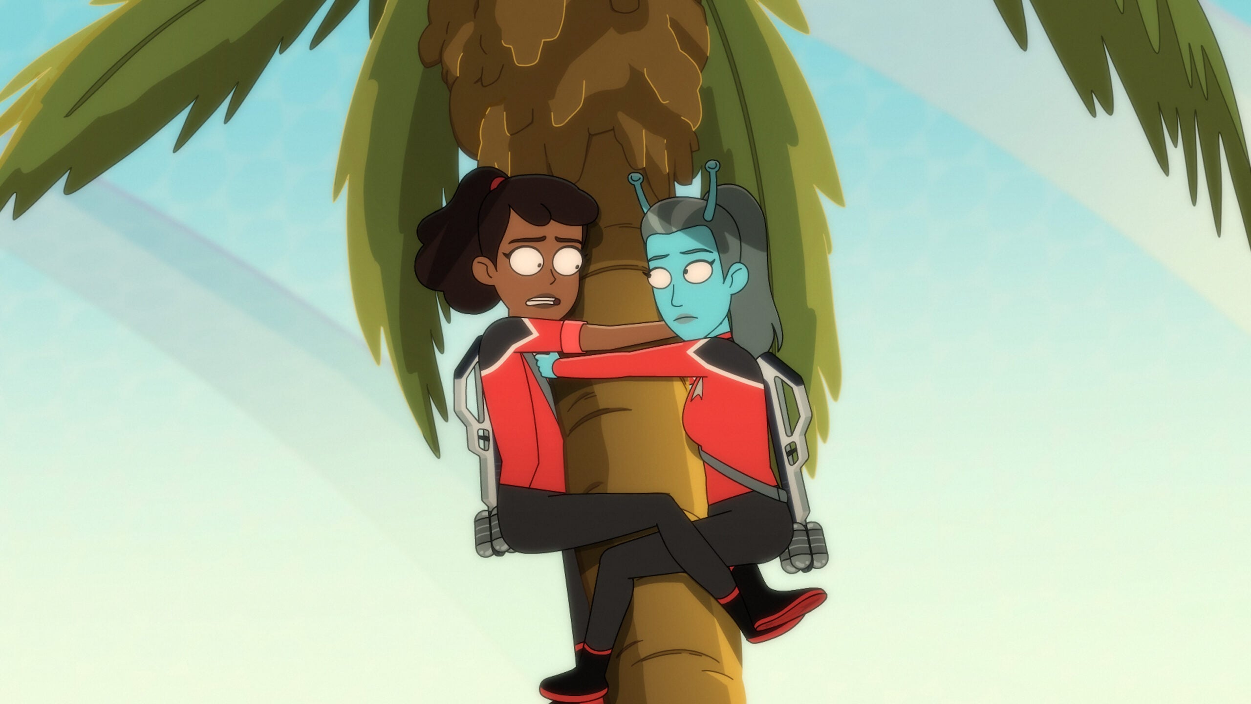 Lt. Mariner and Jennifer cling to a palm tree at a tropical resort while looking nervous on Star Trek: Lower Decks Season 5 Episode 3, "The Best Exotic Nanite Hotel."