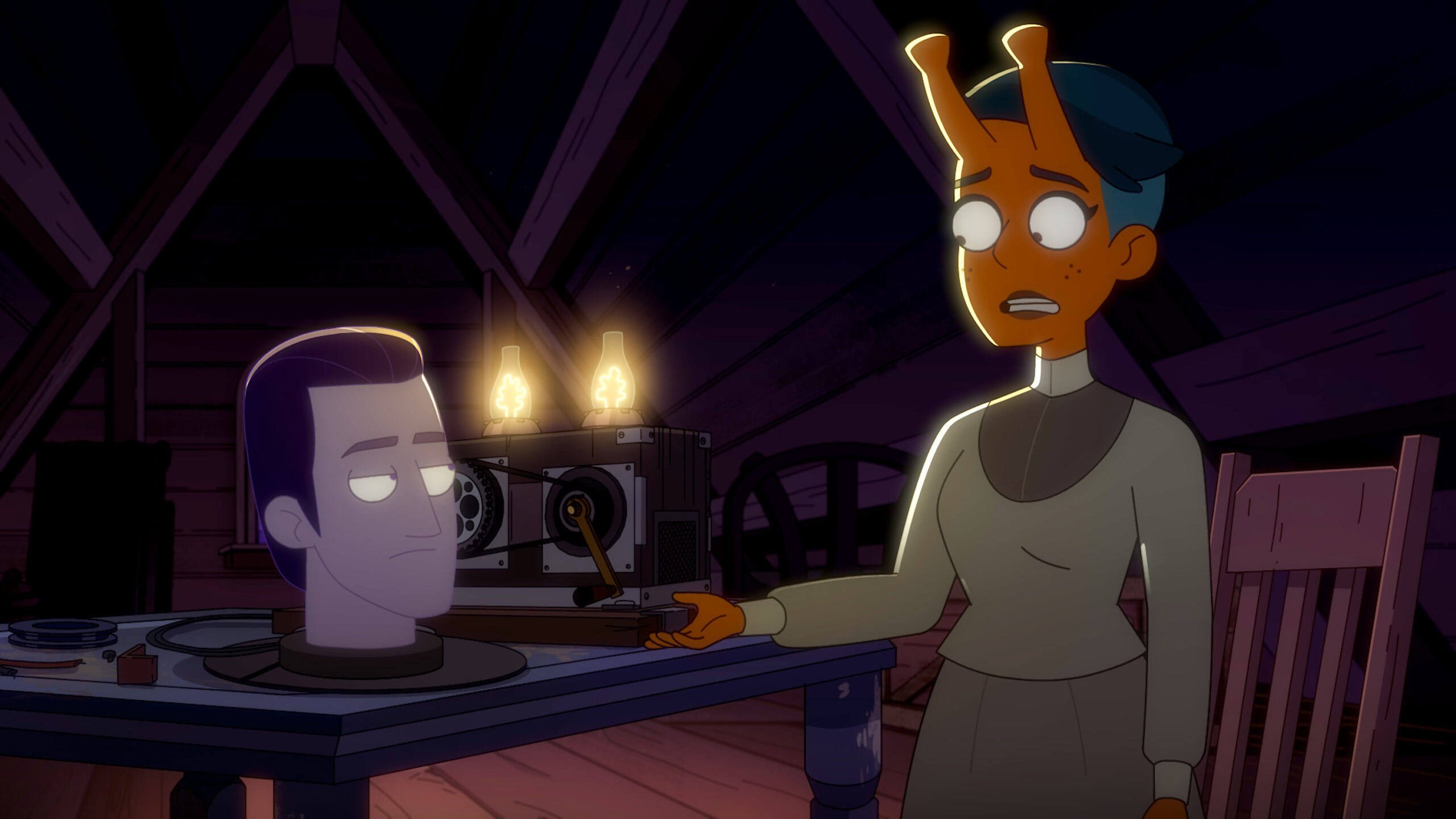 Tendi stands in an attic lit by a candle while talking to Data's head on Star Trek: Lower Decks Season 5 Episode 7, "Fully Dilated."