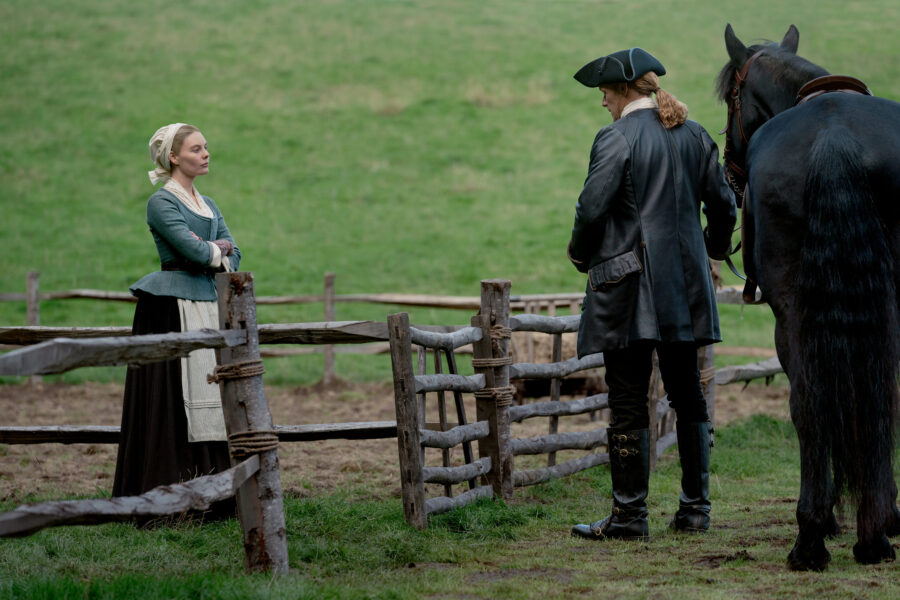 Outlander Season 7 Part 2 — Nell Hudson as Laoghaire MacKenzie, Sam Heughan as Jamie Fraser