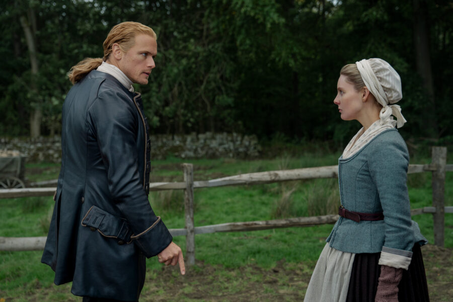 Outlander Season 7 Part 2 — Nell Hudson as Laoghaire MacKenzie, Sam Heughan as Jamie Fraser