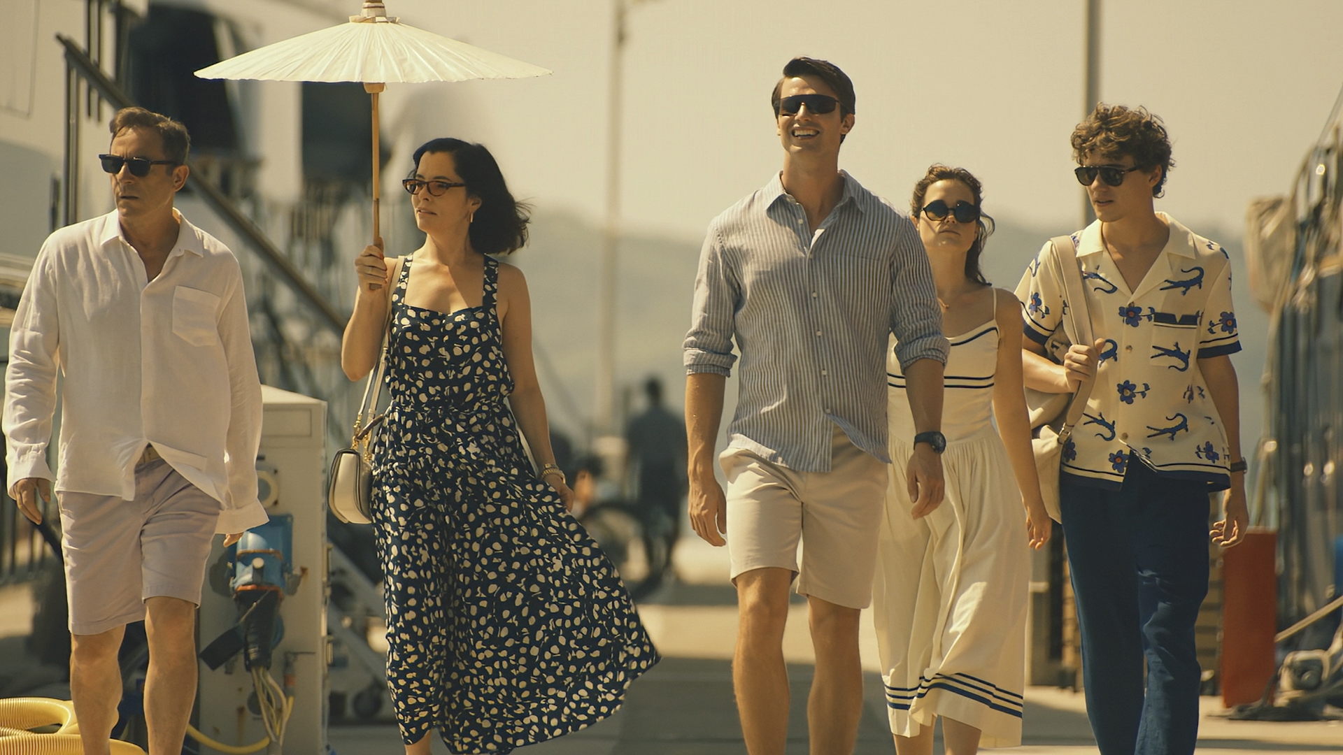 The White Lotus Season 3 -- Jason Isaacs, Parker Posey, Patrick Schwarzenegger, Sarah Catherine Hook, Sam Nivola