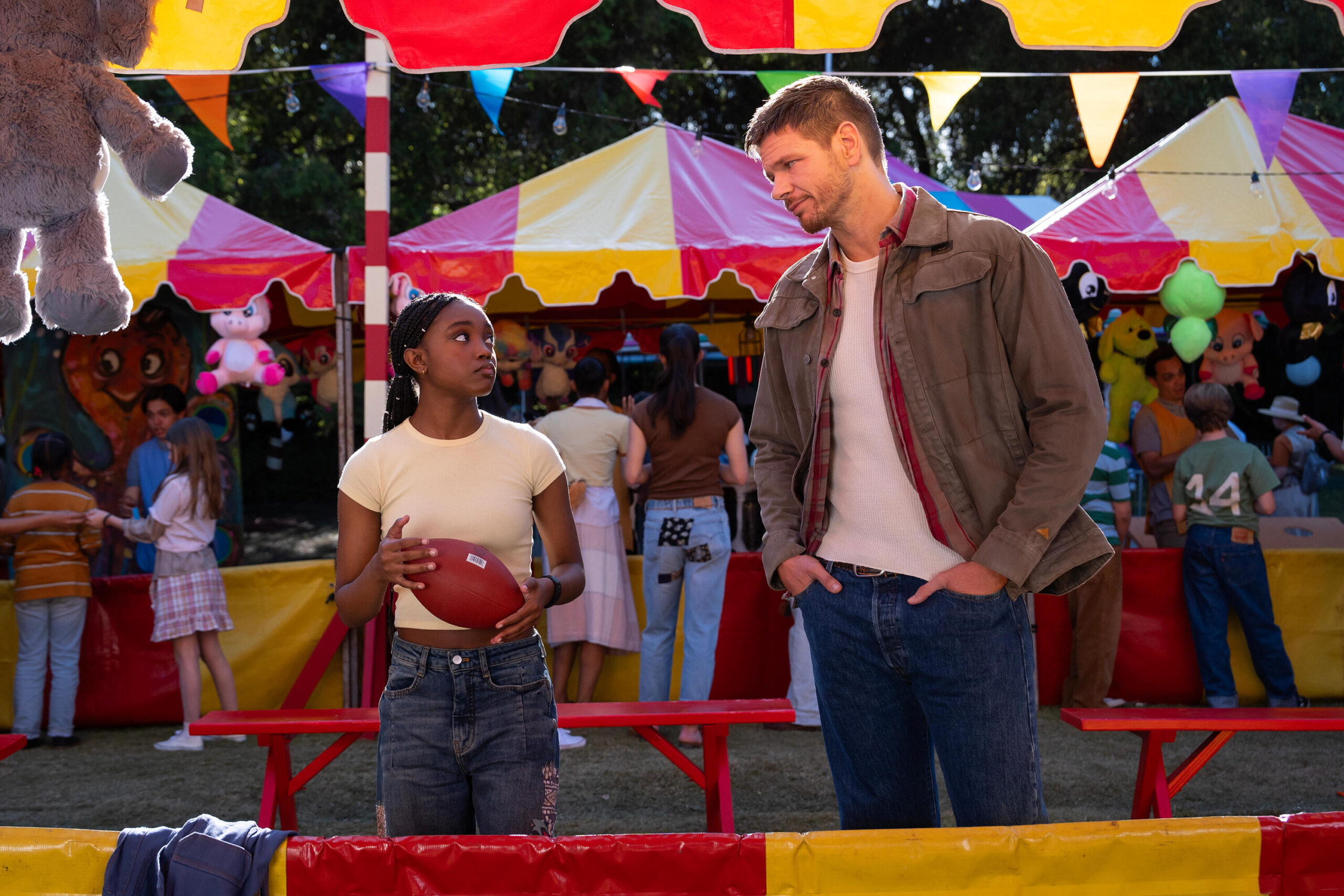 Still from Paradise Season 1 Episode 4 of ALIYAH MASTIN and JON BEAVERS pictured from left to right.