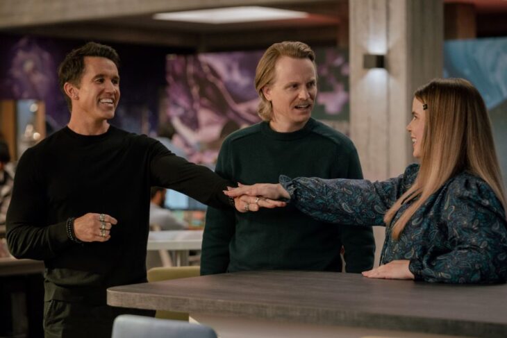 Rob McElhenney as Ian, David Hornsby as David, and Jessie Ennis as Jo in Mythic Quest Season 4 Episode 3, "Breakthrough." Mythic Quest Season 4 Episode 3 Review: Breakthrough 