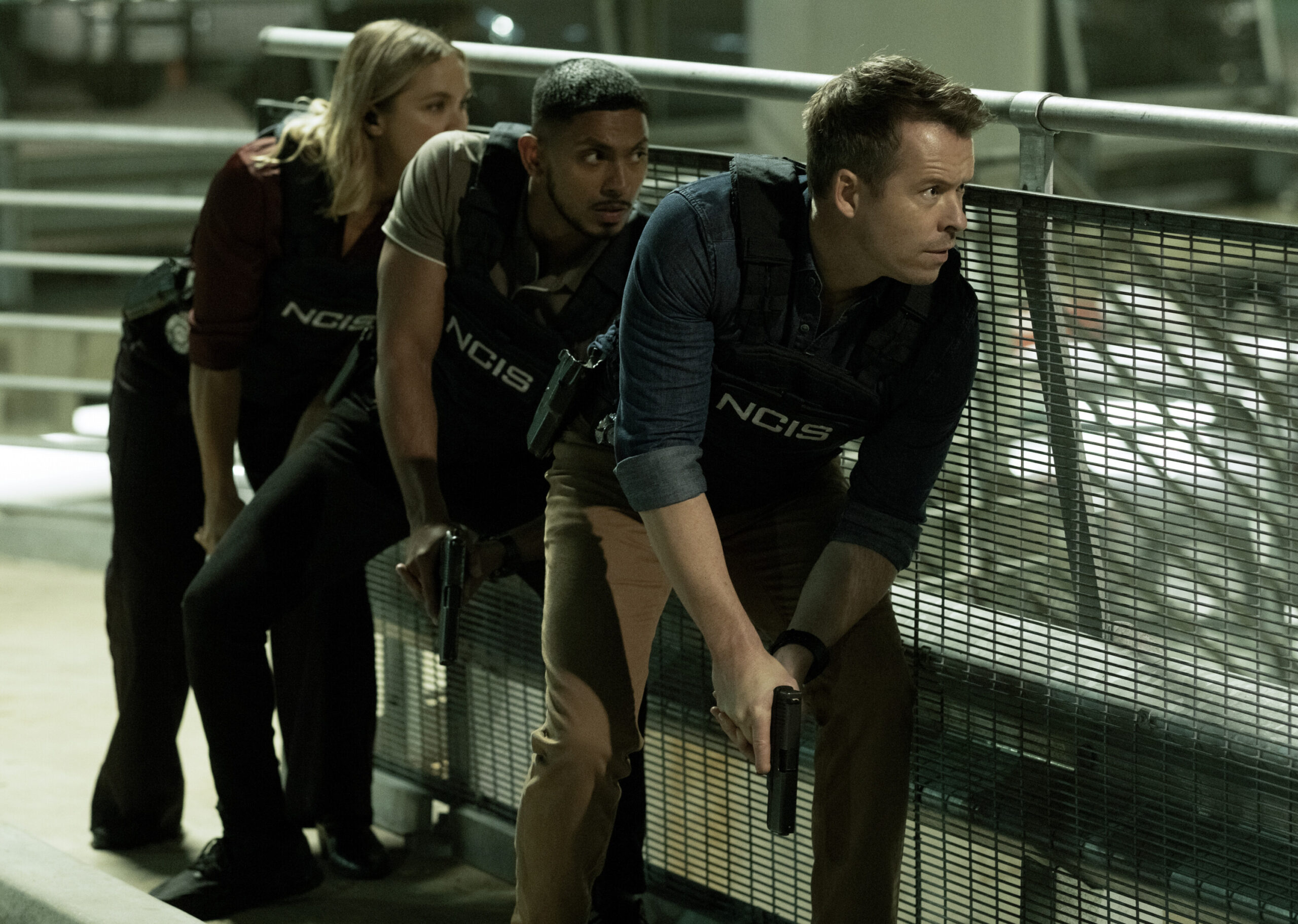NCIS: Sydney Season 2 Episode 4, "Truth Sabre" -- Tuuli Narkle as AFP Liaison Officer Constable Evie Cooper, Sean Sagar as Special Agent DeShawn Jackson, and Todd Lasance as AFP Liaison Officer Sergeant Jim 'JD' Dempsey