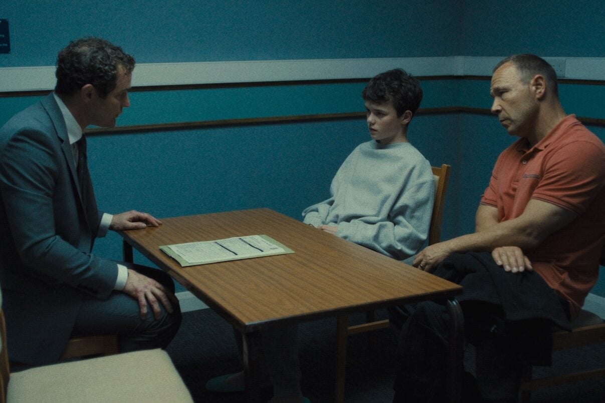 Adolescence UK Limited Series | Tell-Tale TV Mark Stanley as Paulie Miller, Owen Cooper as Jamie Miller, Stephen Graham as Eddie Miller in "Adolescence"