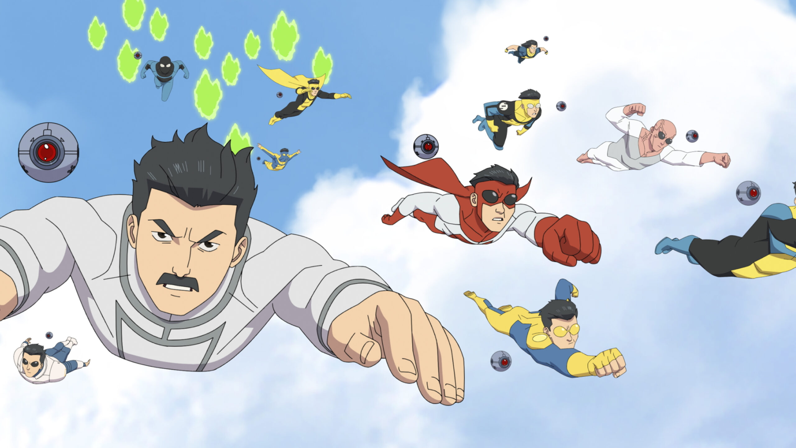 Still from Invincible Season 3 of Invincible variants flying in a group.
