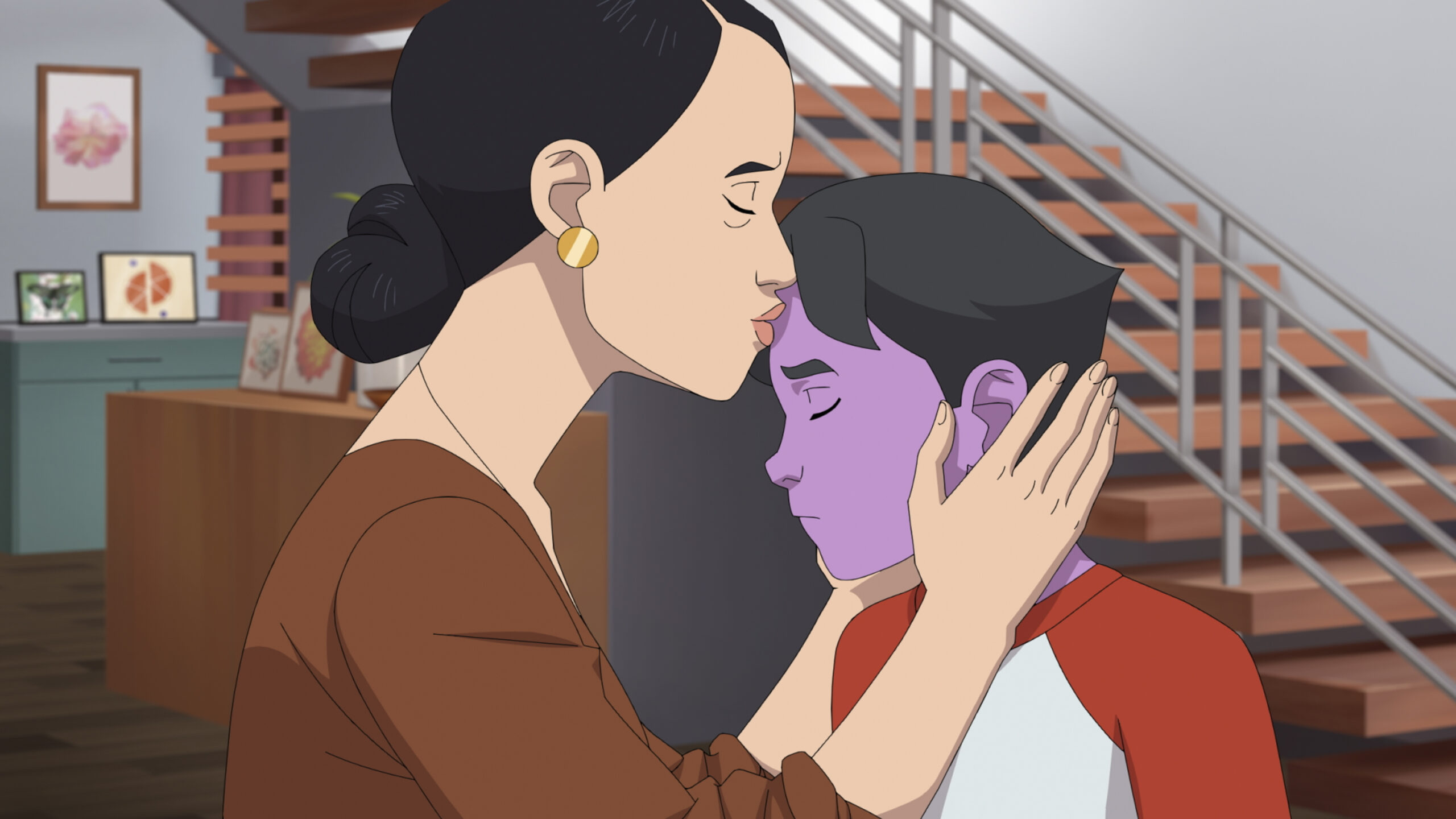 Still from Invincible Season 3 of Debbi Grayson kissing Oliver Grayson on the forehead.
