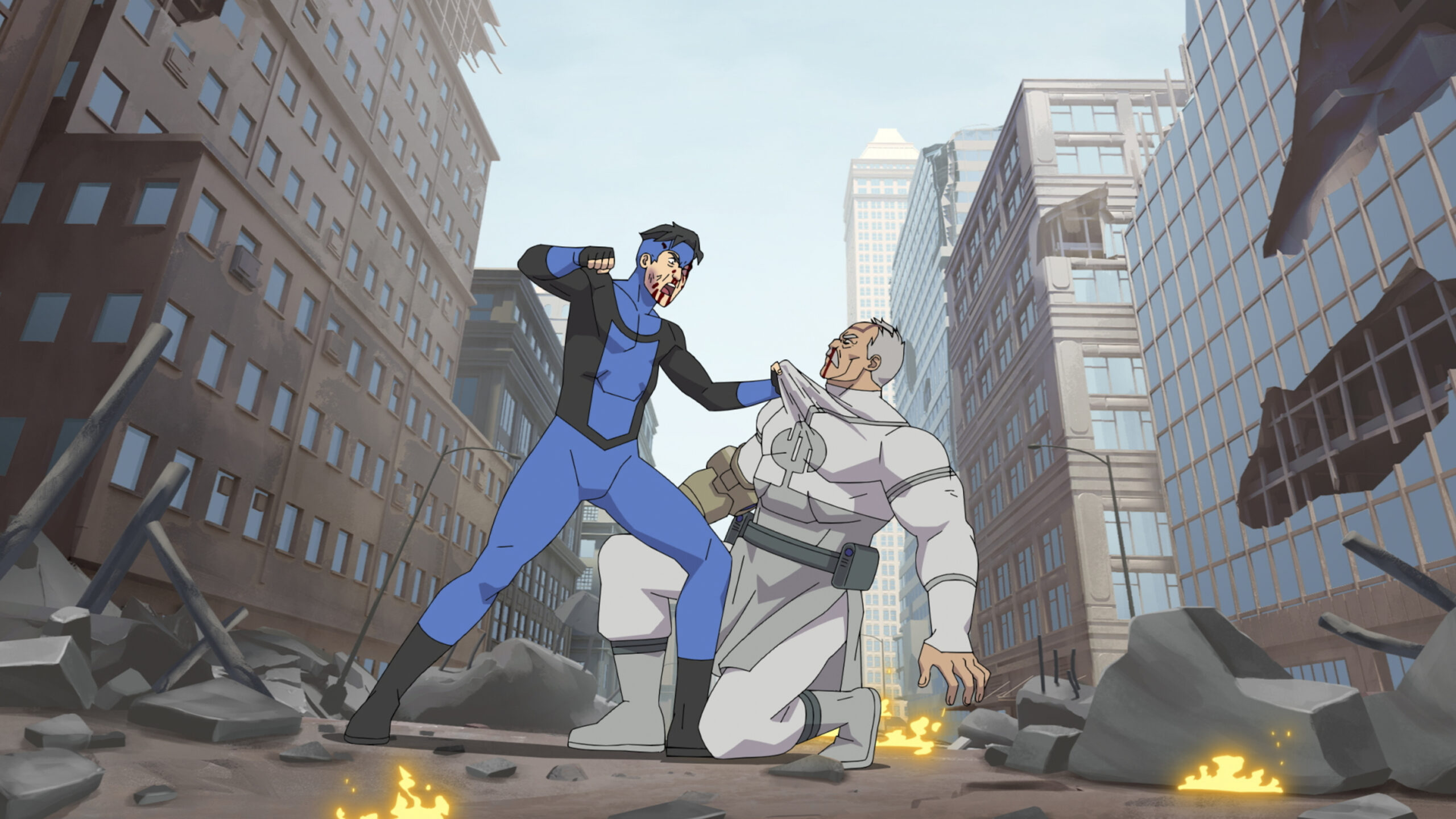 Still from Invincible Season 3 of Invincible about to punch Conquest amid a city in rubble.